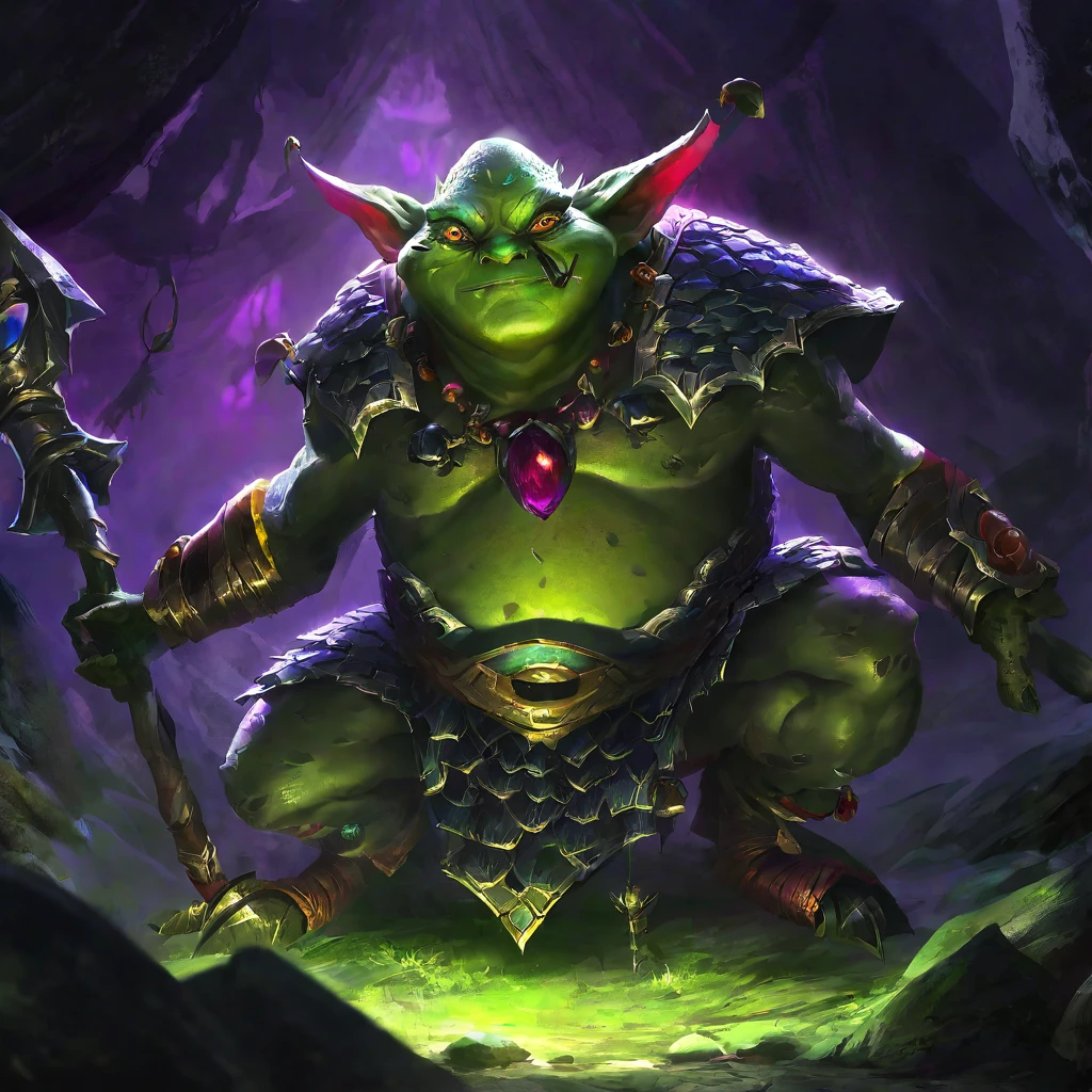 A squat green goblin shaman, detailed chainmail armor, beady eyes, big nose, evil tattoos, carrying a herding stick, a confused colorful toad as big as the goblin, in a cave, (best quality,4k,8k,highres,masterpiece:1.2),ultra-detailed,(realistic,photorealistic,photo-realistic:1.37),fantasy,digital painting,concept art,intricate details,vivid colors,dramatic lighting