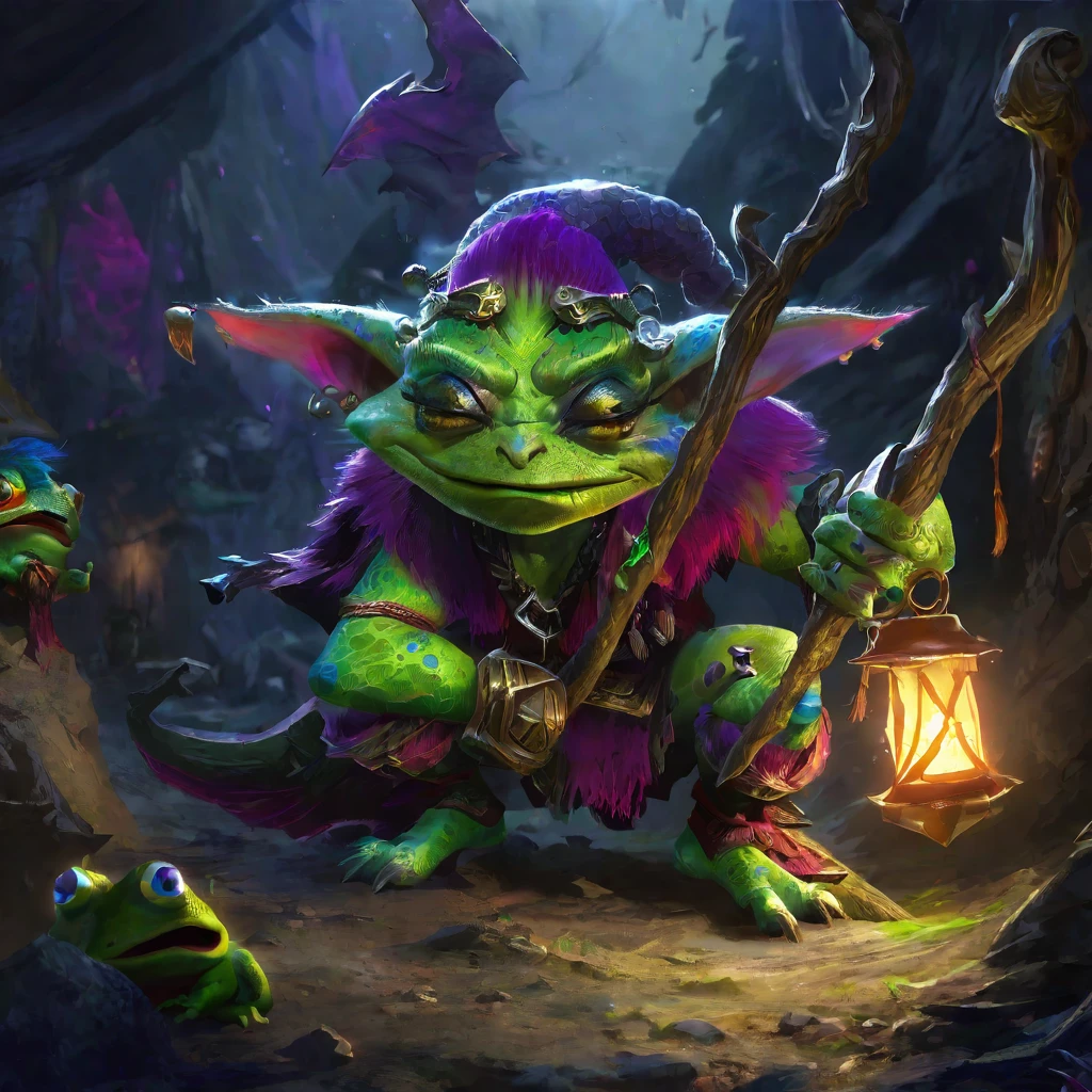 A squat green goblin shaman, detailed chainmail armor, beady eyes, big nose, evil tattoos, carrying a herding stick, a confused colorful toad as big as the goblin, in a cave, (best quality,4k,8k,highres,masterpiece:1.2),ultra-detailed,(realistic,photorealistic,photo-realistic:1.37),fantasy,digital painting,concept art,intricate details,vivid colors,dramatic lighting