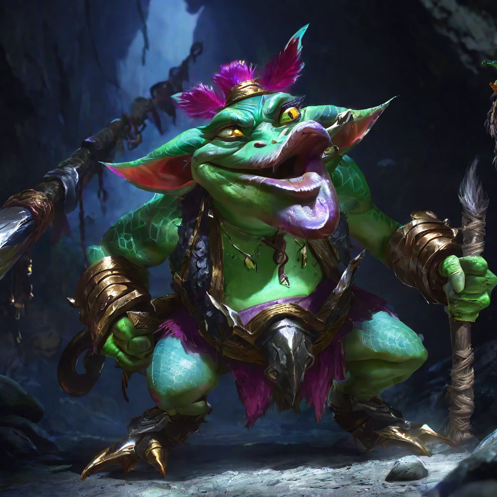 A squat green goblin shaman, detailed chainmail armor, beady eyes, big nose, evil tattoos, carrying a herding stick, a confused colorful toad as big as the goblin, in a cave, (best quality,4k,8k,highres,masterpiece:1.2),ultra-detailed,(realistic,photorealistic,photo-realistic:1.37),fantasy,digital painting,concept art,intricate details,vivid colors,dramatic lighting
