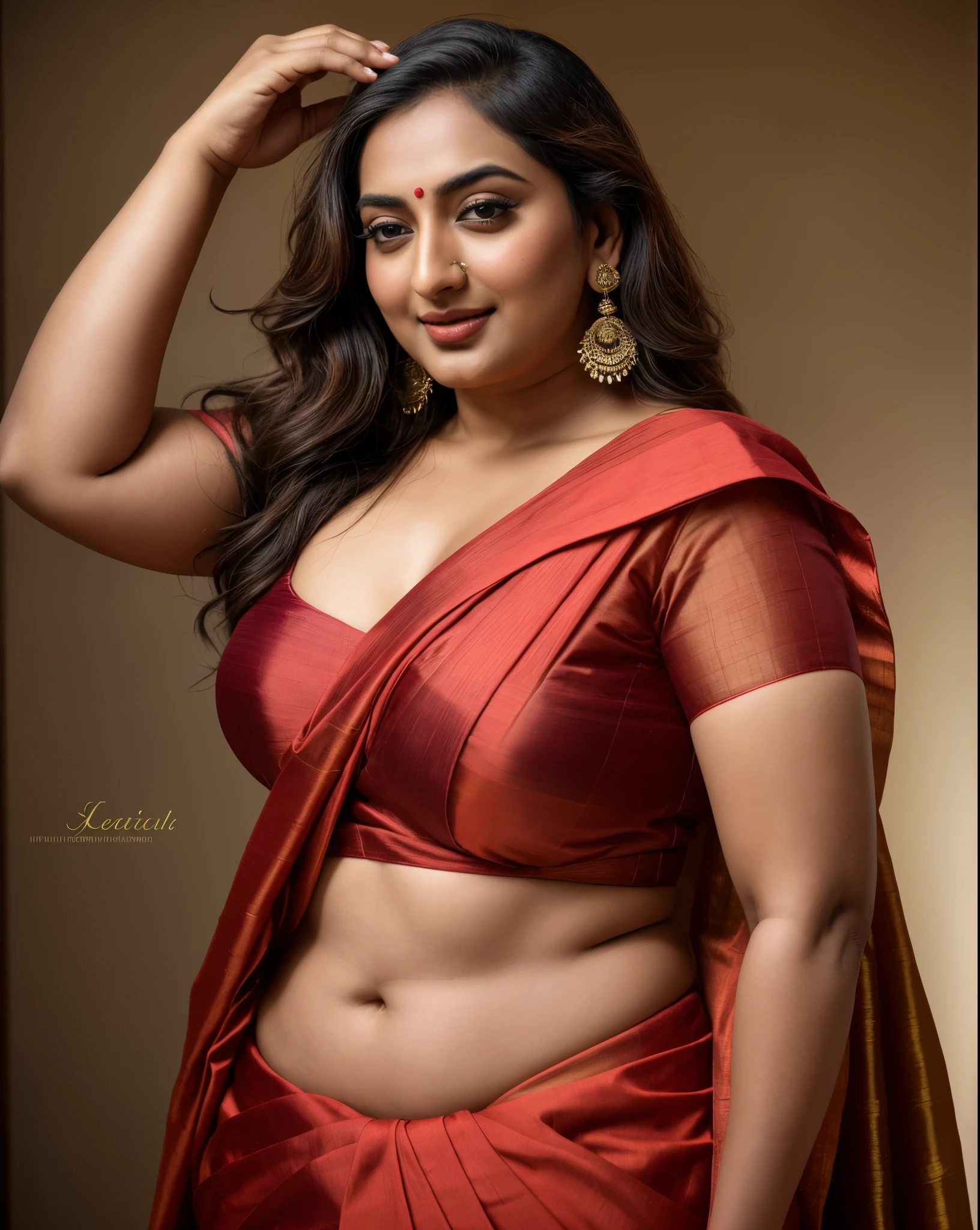 Foto RAW, photorealistic, photography, full body shot, master shot, perfect eyes, goddess like beauty, pierced eyes, perfect thick chubby mallu Desi aunty bhabhi, Wearing a Stanapatta, a chest-band.Saree model, model Photography, Indian saree shoot, Indian traditional wear advertising photography, traditional wear brand shoot, face of Indian actress Sonakshi Sinha, masterpiece, realistic, realism, incredible details, pleasure, photorealism, detailed skin, skin pores, high contrast, photorealistic Artstation 8k HD digital art trend of high definition and detailed realistic skin texture, ultra detail, realistic skin texture, armature, best quality, ultra high definition, (photorealistic:1.4),, high resolution, detail, raw photo, sweat, Re sharp, by Lee Jefferies Nikon D850 Film Stock Photo 4 Kodak Portra 400 Camera F1.6 Lens Rich Color Ultra Real Realistic Realistic Textures Dramatic Lighting Unreal Engine Trending at Art Station Cinestill 800,(pele altamente detalhada: 1.2), 8k UHD, DSLR, soft-lighting, alta qualidade, grain of film, Fujifilm XT3,she didn't like to wear blouse or bra, she is happy to wear only saree, she hates blouse or bra, detailed hairy armpits, hyper realistic skin, skin pores, sweat, veins,