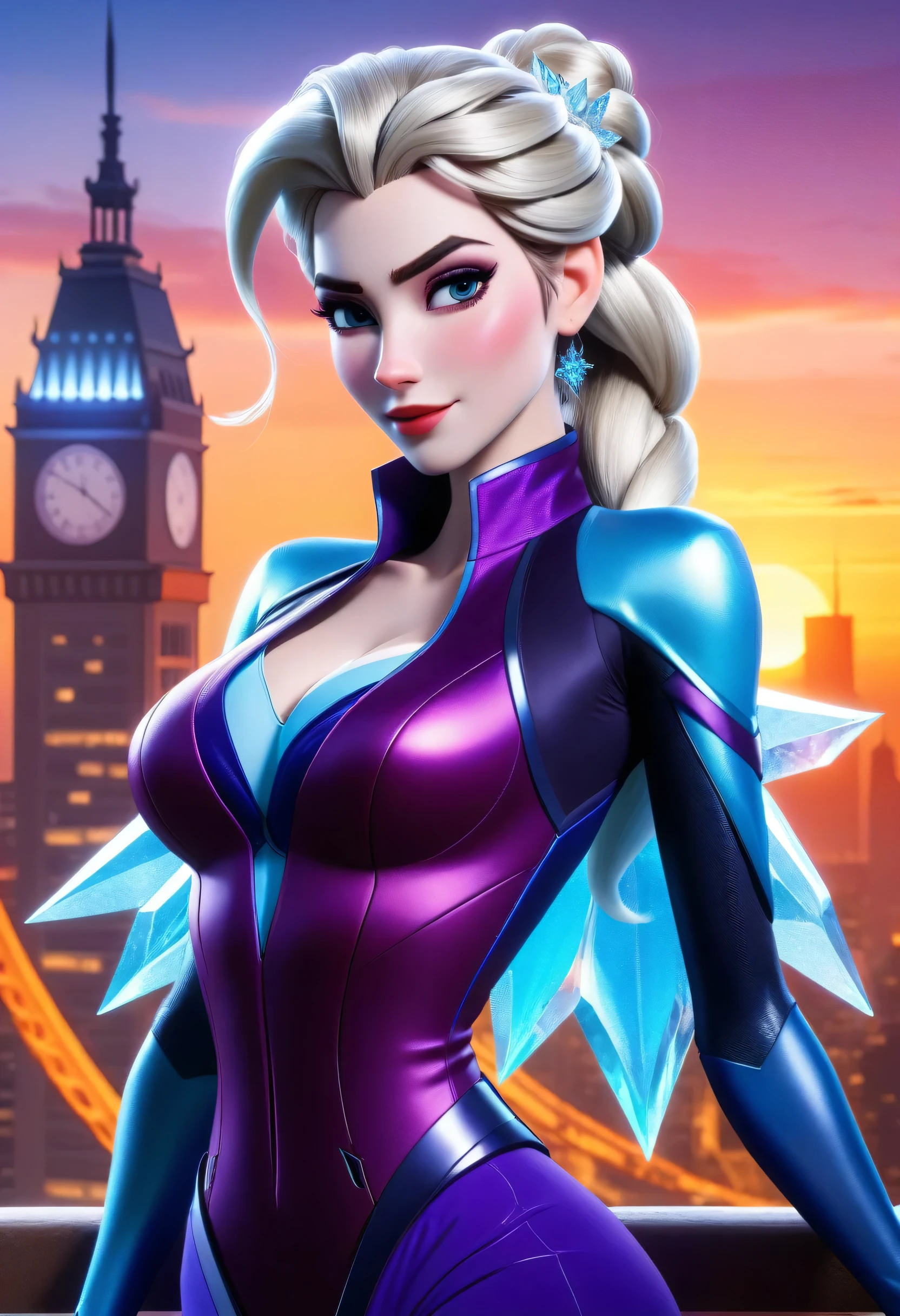 ((widowmaker and elsa fusion merged:1.3)), merged, sexy, half body, metropolitan background, sunset, sexy attire, (high quality), (masterpiece), negative_hand