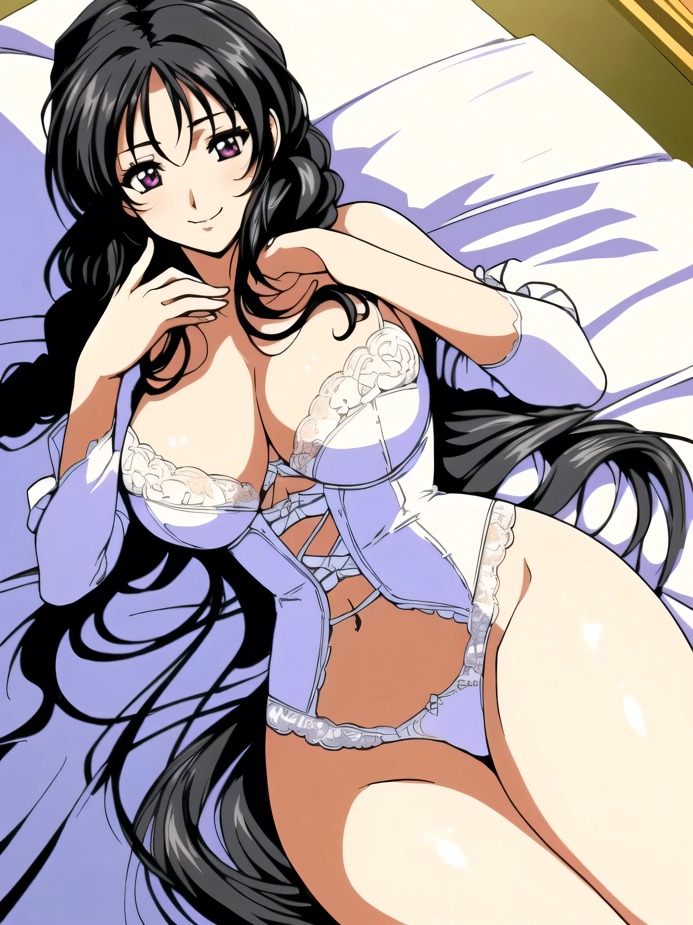 (Masterpiece, Top Quality, Highly Detailed, 16K Anime High Resolution, Anime Style, Clean Brush Strokes, Highly Detailed, Anatomically Perfect Body, Beautiful Character Design), 1 Girl, 20 Years Old Young Woman , (Perfect face, very detailed), (Black hair, long hair, ribbon, braids), Beautifully drawn eyes in detail, Purple eyes, Beautiful nose, Smile, Tabletop, (Big breasts: 0.8), ( Lace bra, super detailed, white beautiful design), (beautiful fingers), smooth body line, wide waist: 0.2, big butt: 0.3, (lace high leg panties, super detailed, white beautiful design), ( beautiful fingers), beautiful long legs, view people, (lying down, on back, legs spread), (urban background), (front photo),