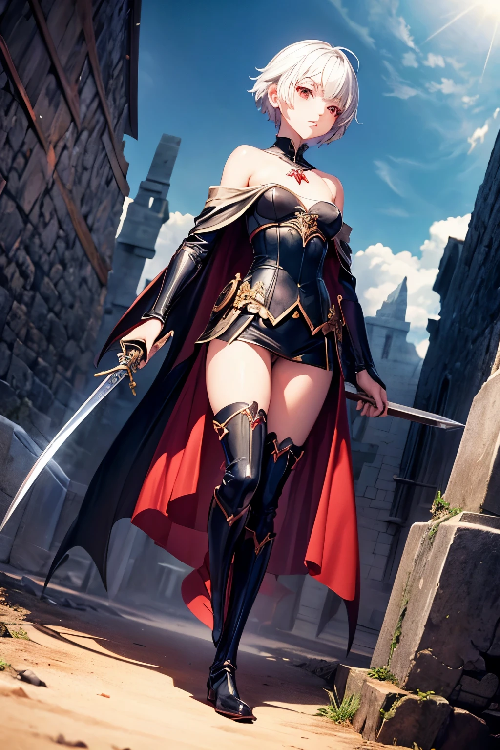 highest quality,CG,Fairy,Anime Art,beautiful girl,Flat Chest,Alluring,White Short Hair,Red eyes,slender,whole body,Super tight off-shoulder,Cape,Japanese sword,Ruined Castle,Demon King,vampire,Black long boots, (Lewd Armor), (High leg),Black shorts,