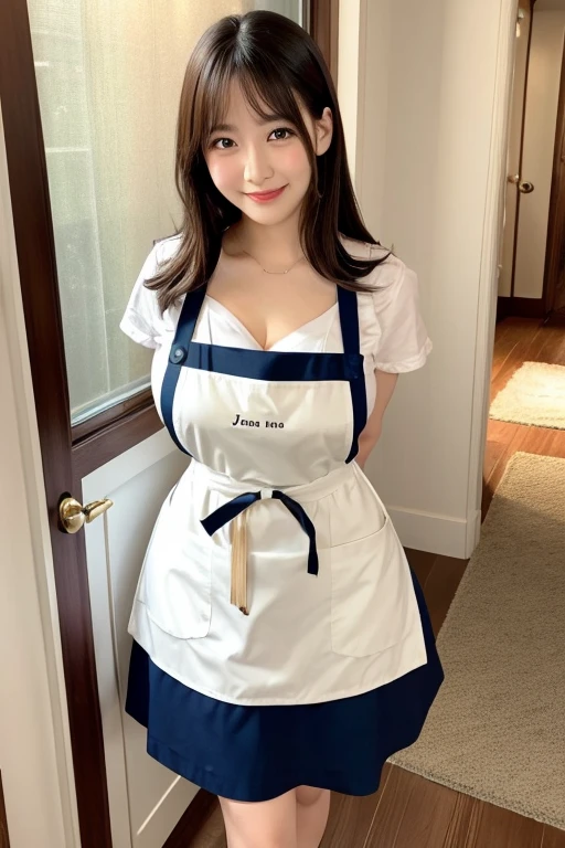 JPNIDOL, 1girl in, masutepiece, High quality, Looking at Viewer,bbw、small-breasted、entranceway、Wearing a  apron、meeting、house wife、mami,