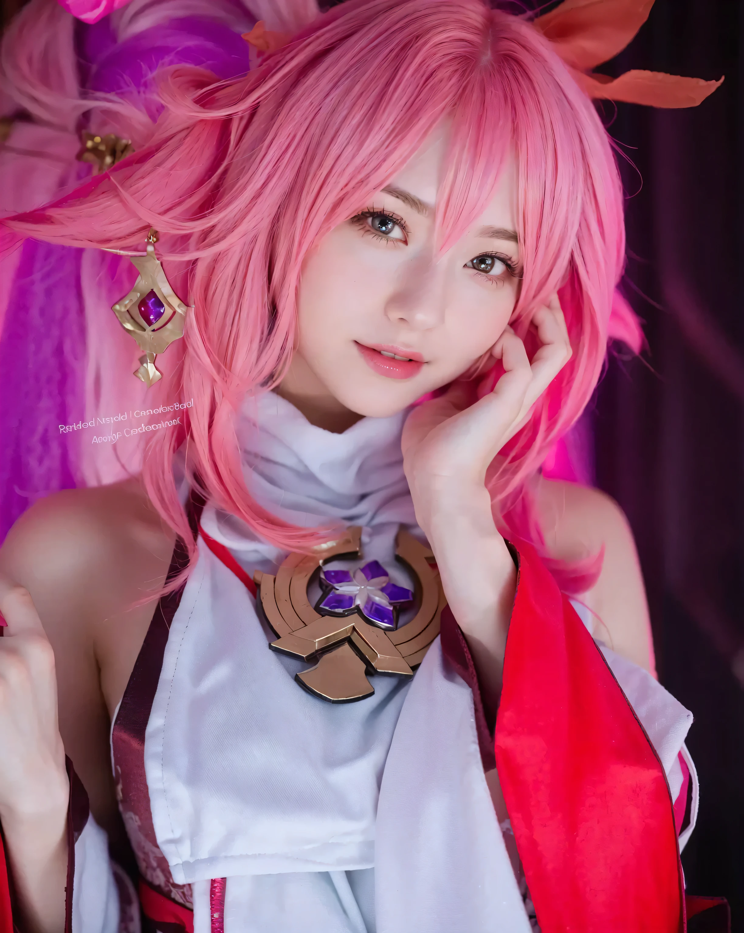 arafed woman with pink hair and a red cape posing for a picture, cute girl cosplay realistic