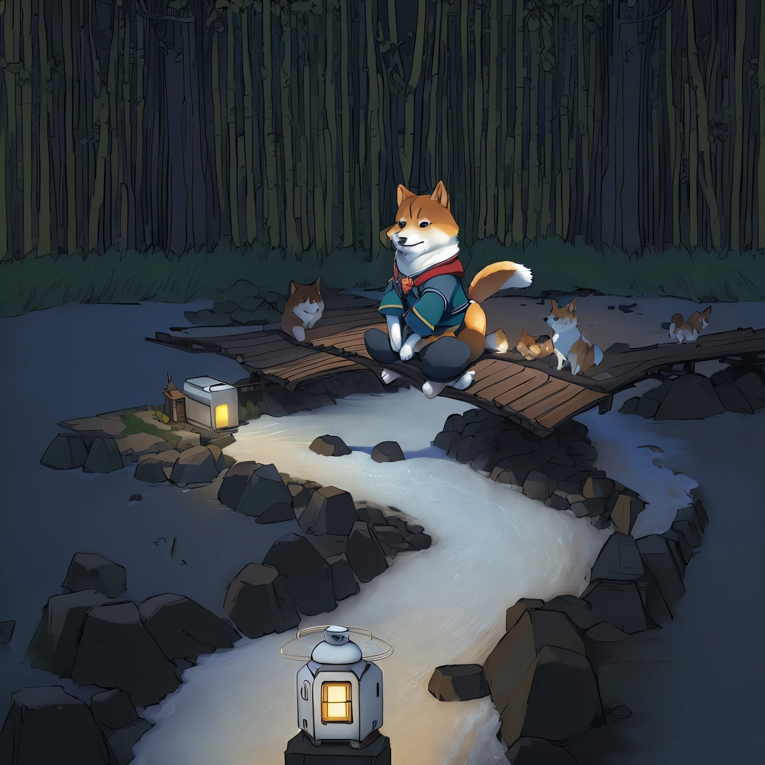 Cartoon of a Shiba Inu sitting on a bridge in the forest, Inspired by Hiroyuki Isoda,Moogle from The Legend of Korra, author:Hirayama Utsuo, Miyazaki's style, Inspired by Toshusai Sharaku, Anime Shiba Inu, author:Yukika Kosaka