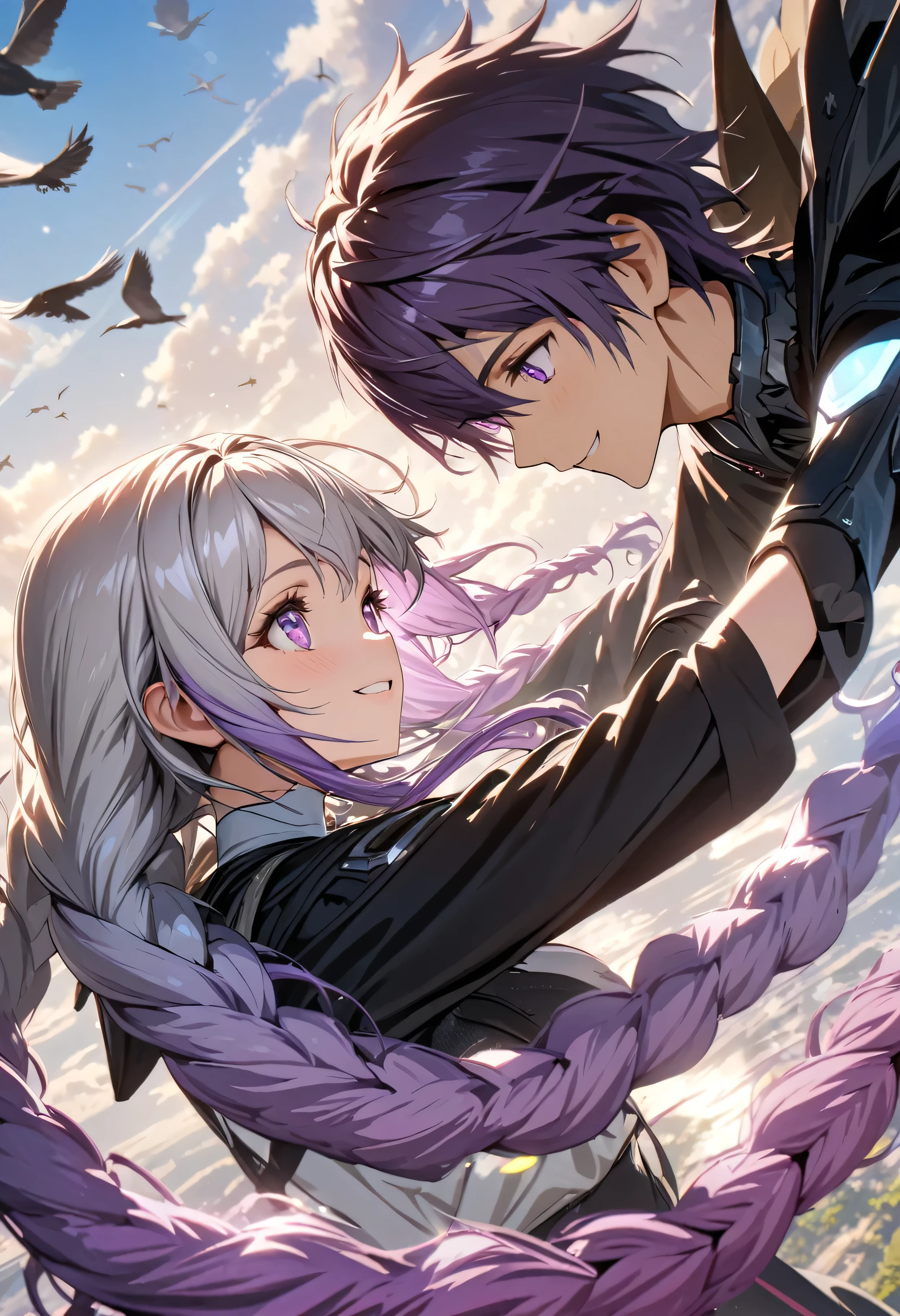 masterpiece, best quality, (Very detailed CG Unity 8k wallpaper), (best quality), (Best Illustration), up in the air, White Cloud,Blue sky,fly,(A couple, beautiful girl and boy), Big watery eyes, Look at each other, Purple Hair,Purple Eyes,Very long hair,Gray hair,Double braid,Gradient hair, Smile, Pretty Face, Surrounded by birds, Glowing particle effect,Octane Rendering, Ray tracing, Super detailed