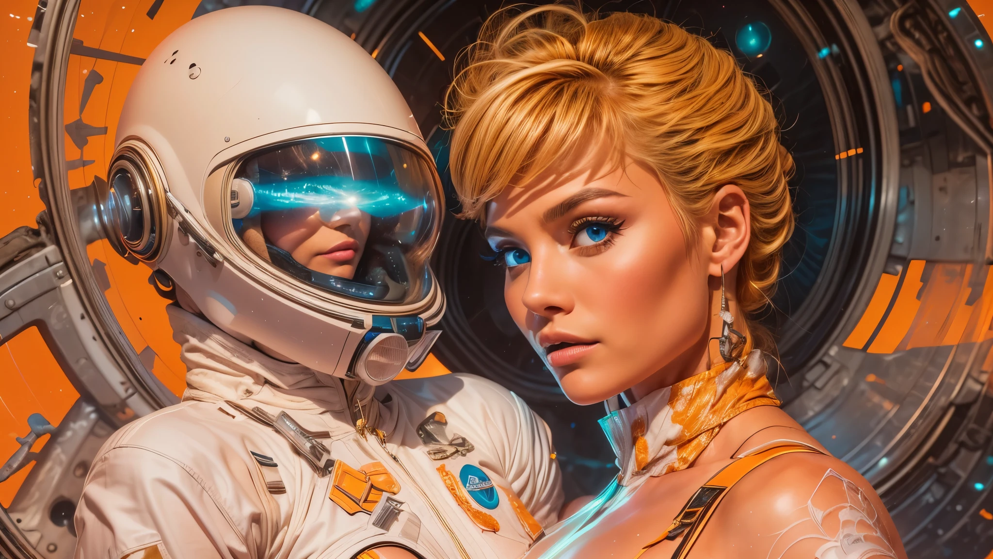 arafed image of a white woman in a futuristic suit with a spaceship in the background, movie art, in front of an orange background, inspired by Robert McGinnis, female protagonist, megastructure in the background, portrait of an ai astronaut, astronauts, an astronaut, portrait of a astronaut skeletor, perfect android girl, detailed eyes, perfectly detailed teeth, frank franzzeta and sakimichan  