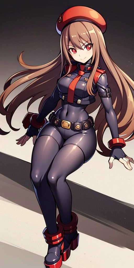 (Best quality, complete body, good anatomy, anime style) Rapi(Nikke), red eyes, light brown hair, long hair, smile, looking at you, black bodysuit, red jacket, red militar belt, black and red beret, red platform boots, no background