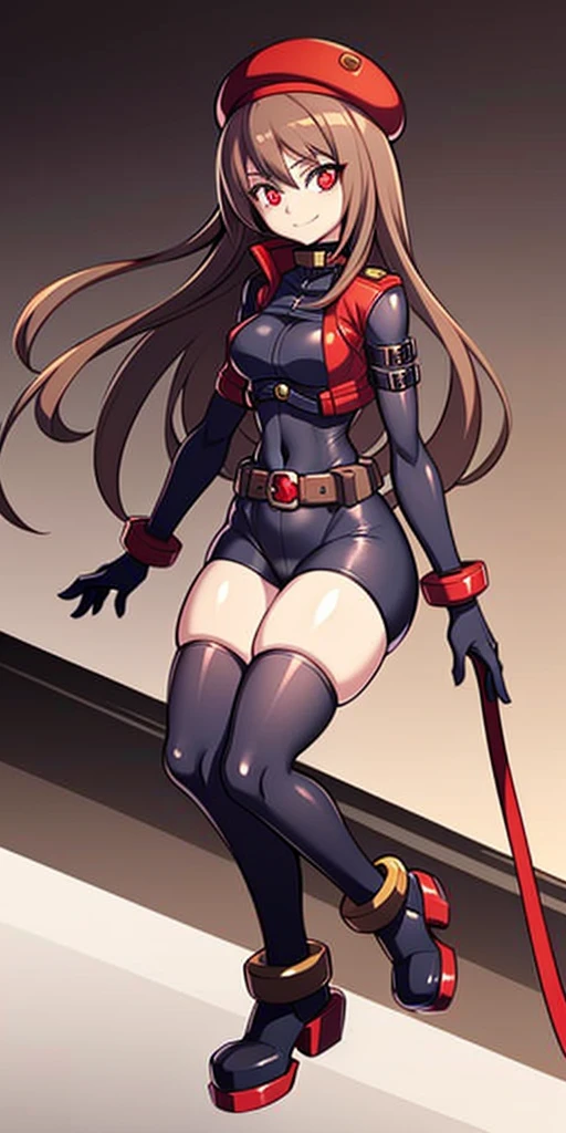 (Best quality, complete body, good anatomy, anime style) Rapi(Nikke), red eyes, light brown hair, long hair, smile, looking at you, black bodysuit, red jacket, red militar belt, black and red beret, red platform boots, no background