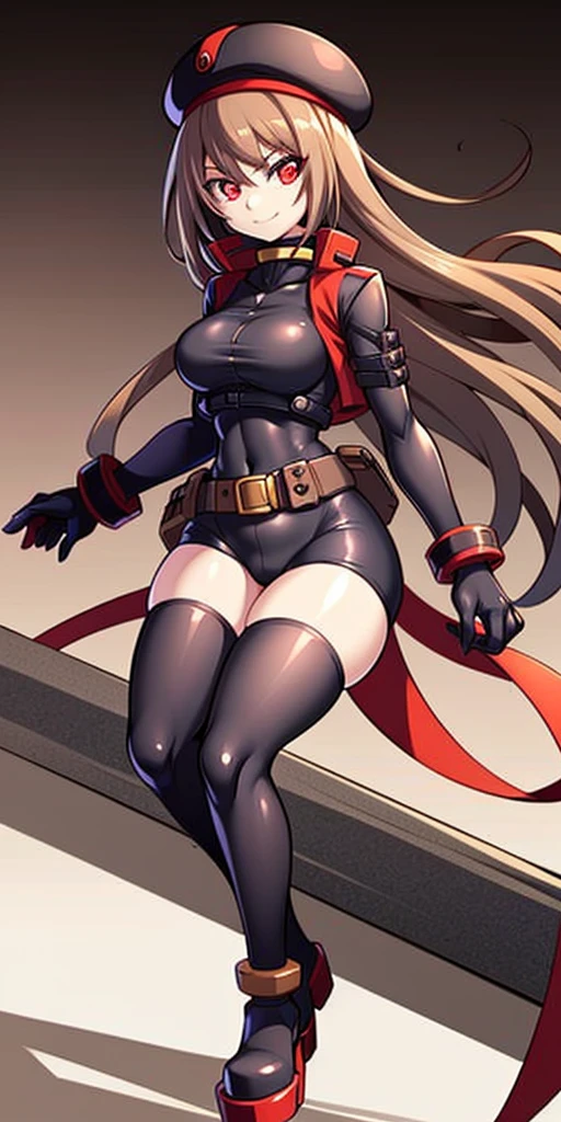 (Best quality, complete body, good anatomy, anime style) Rapi(Nikke), red eyes, light brown hair, long hair, smile, looking at you, black bodysuit, red jacket, red militar belt, black and red beret, red platform boots, no background