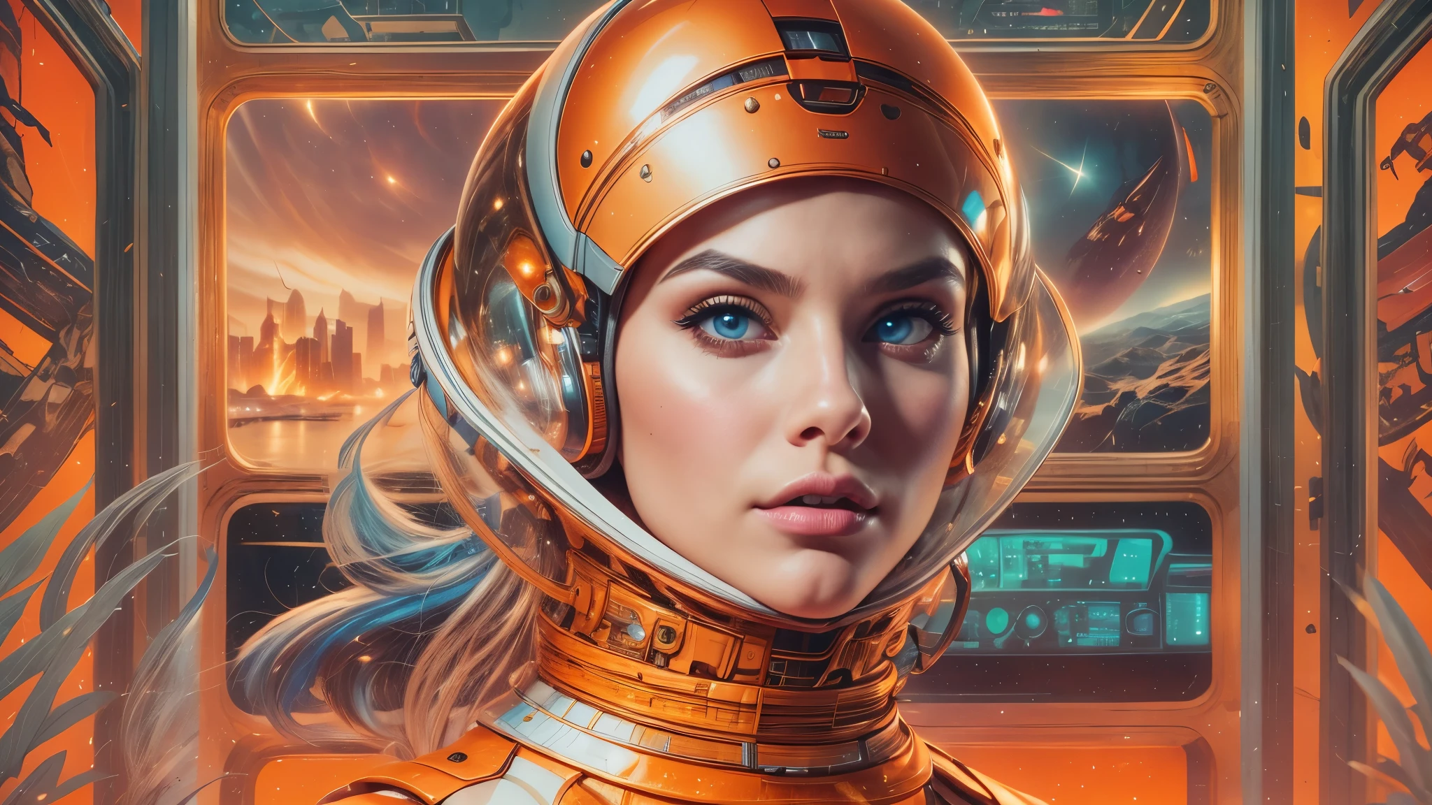 arafed image of a white woman in a futuristic suit with a spaceship in the background, movie art, in front of an orange background, inspired by Robert McGinnis, female protagonist, megastructure in the background, portrait of an ai astronaut, astronauts, an astronaut, portrait of a astronaut skeletor, perfect android girl, detailed eyes, perfectly detailed teeth, frank franzzeta and sakimichan