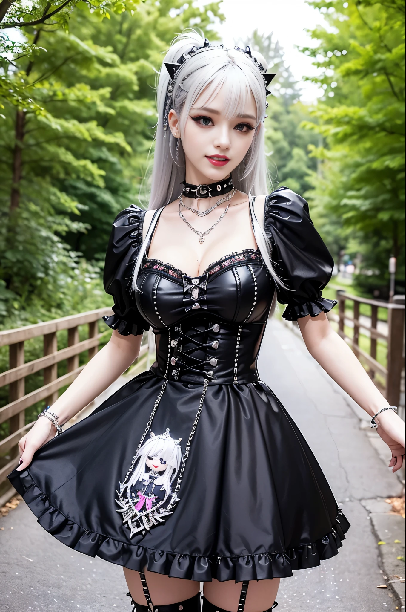 sexy stylish Swedish model, only 1 female, ((doll-like appearance)), long multicolor stylish hair, ((shiny Punk-Style boots)), (big smile), ultra detailed eyes, detailed makeup, lipgloss, ((sexy Punk Lolita cosplay)), unconventional skirt, petticoats, high neckline, ((ultra detailed lace)), ((ultra detailed embroidery)), intricate details, tartan patterns, ((silver chains)), ((silver spikes)), ((safety pins)), Punk Lolita accessoires, Punk Lolita choker, ((large sparkling Punk Lolita jewelry)), cinematic light, detailed large park background with trees