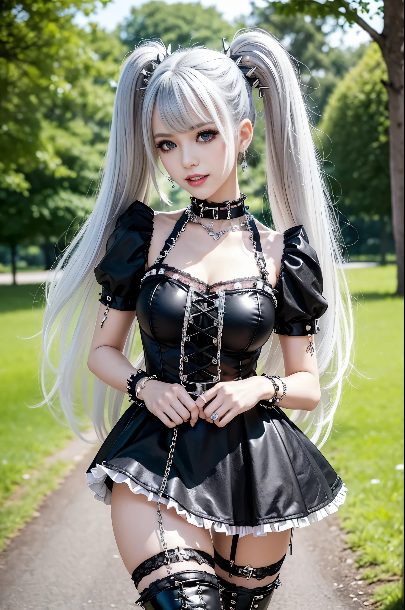 sexy stylish Swedish model, only 1 female, ((doll-like appearance)), long multicolor stylish hair, ((shiny Punk-Style boots)), (big smile), ultra detailed eyes, detailed makeup, lipgloss, ((sexy Punk ta cosplay)), unconventional skirt, petticoats, high neckline, ((ultra detailed lace)), ((ultra detailed embroidery)), intricate details, tartan patterns, ((silver chains)), ((silver spikes)), ((safety pins)), Punk Loliccessoires, Punk Lolita cr, ((large sparkling Punk Lolita jewel, cinematic light, detailed large park background with trees