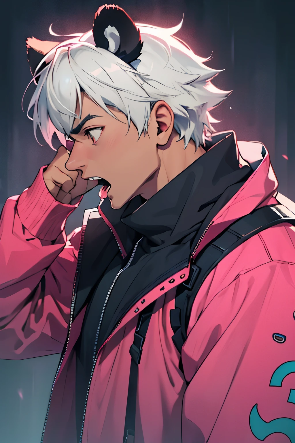 4k quality, HDR+, guy, dude, male face, tanned skin, brown face, 25 yr old man with panda ears, short/medium white hair, masculine, 2d scared screaming face with eyes popping out, but make it more terrified, male, guy, dude with panda ears, digusted, ew emotion, disgusting emotion on face, grossed out emotion, full profile, full face, wearing pink and teal clothing