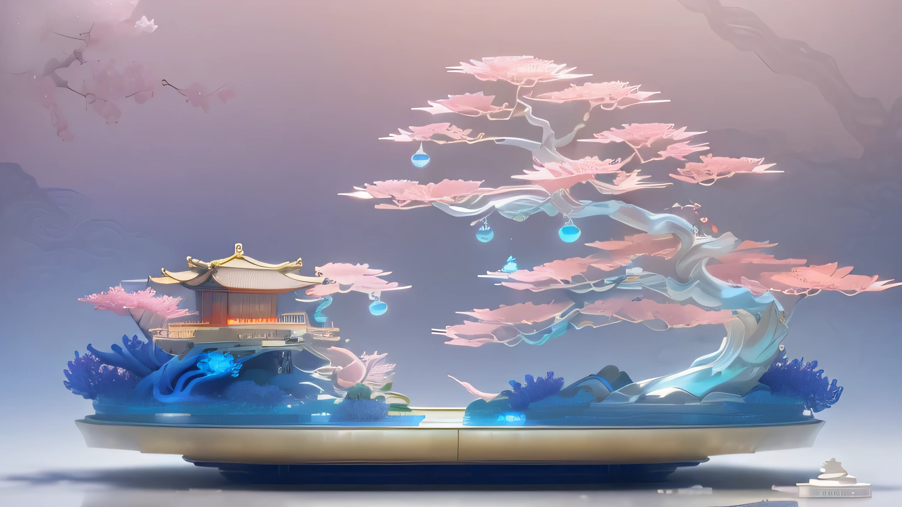 There is a glass sculpture of a water garden with a bridge, Surreal Waizi Flowers, blue and Pink Bonsai Tree, Pink Zen Style, Flowing cherry blossom colored silk, Pink Bonsai Tree, Chinese Fantasy, Chinese, Floating Land in the Clouds, 3D rendering style, Pagoda Figures, Beautiful rendering of the Tang Dynasty, Fantasy magic vegetation