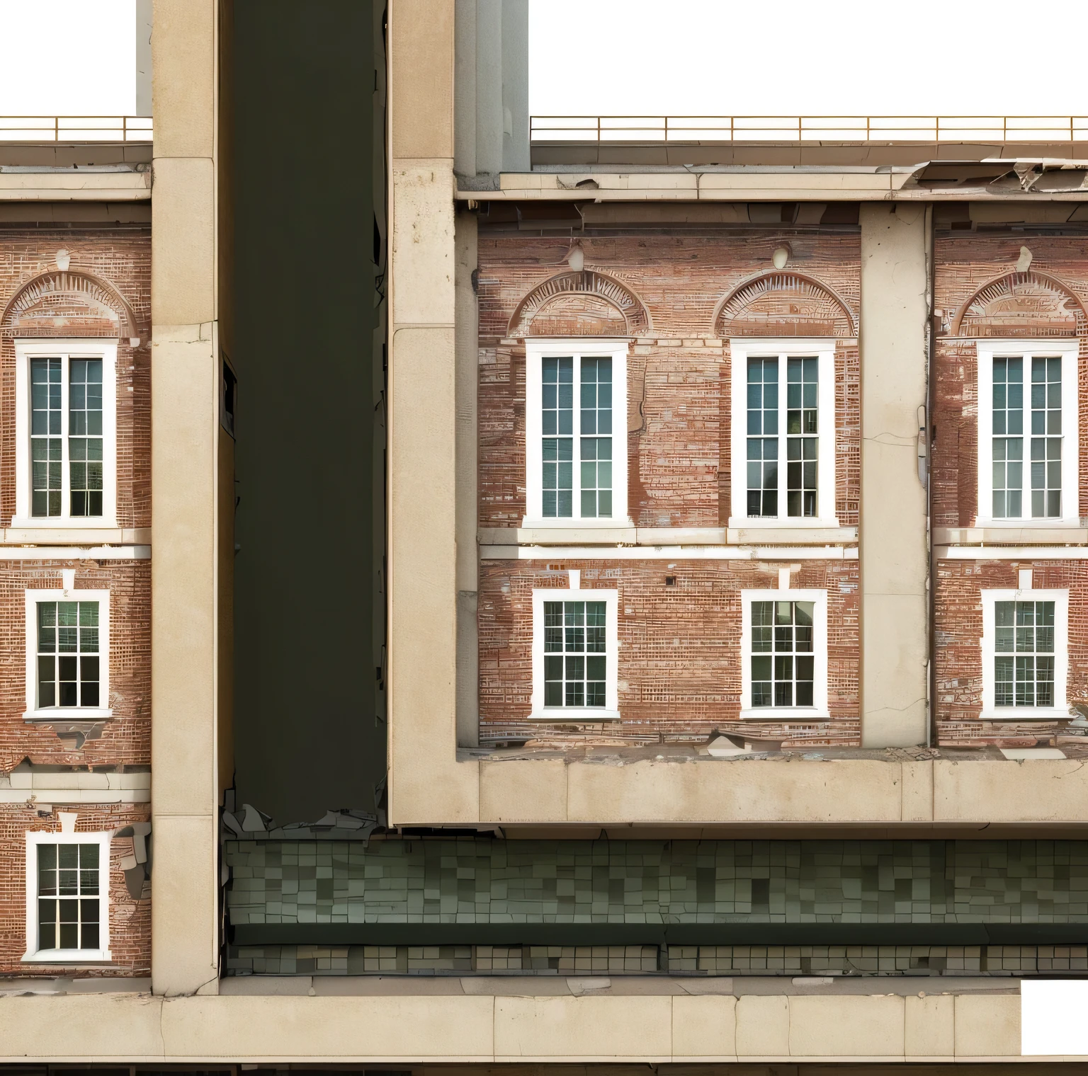 a side view of a building with two windows and a clock on top, highly detailed realistic architectural photography, inspired by Matthias Jung, surreal impossible architecture, extremely detailed rendering, hyper-realistic architectural photograph, detailed building exterior, rising between buildings has a photo of a building,There is a clock on it, Architectural realism, Realistic buildings, Extremely detailed architecture, Building exterior, Freddy Mamani Sylvester front view, brick buildings, Architectural artwork, High resolution and detail, Photo Rendering, Inspired by Robert Bechtel, Realistic street scenes, Highly detailed composition, Realistic architecture, Front view,Abandoned schools,Lots of broken details,8k resolution,Very fine,Wall damage,The wall is covered with lichens,Doomsday Effect