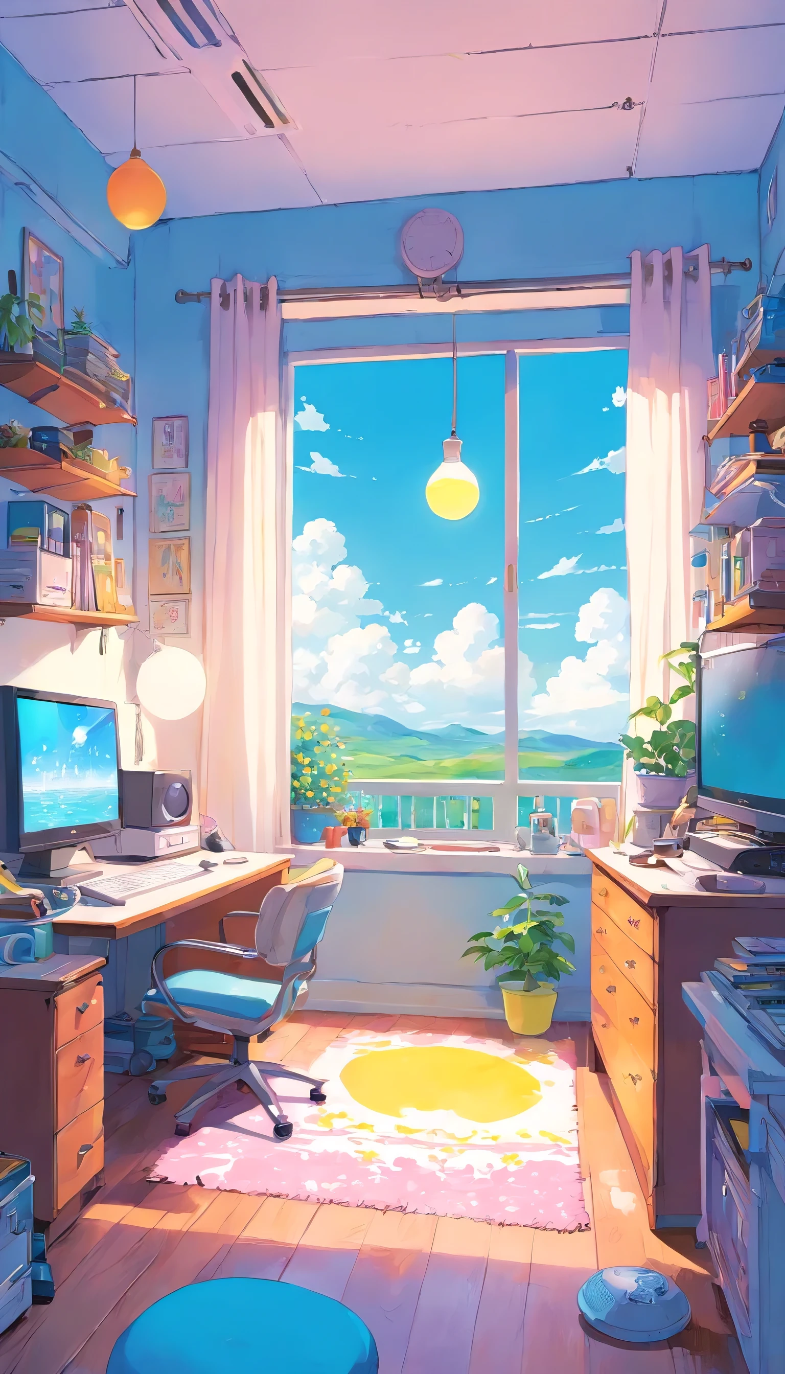 The room is messy、pink、computer、Light bulb、window、Chair、curtain、retro、80s neon colors、Pastel colors、(((blue and white room)))、polka dot pattern、lemon、80'sパターン、Circular pattern、、dot pattern、Light blue and white