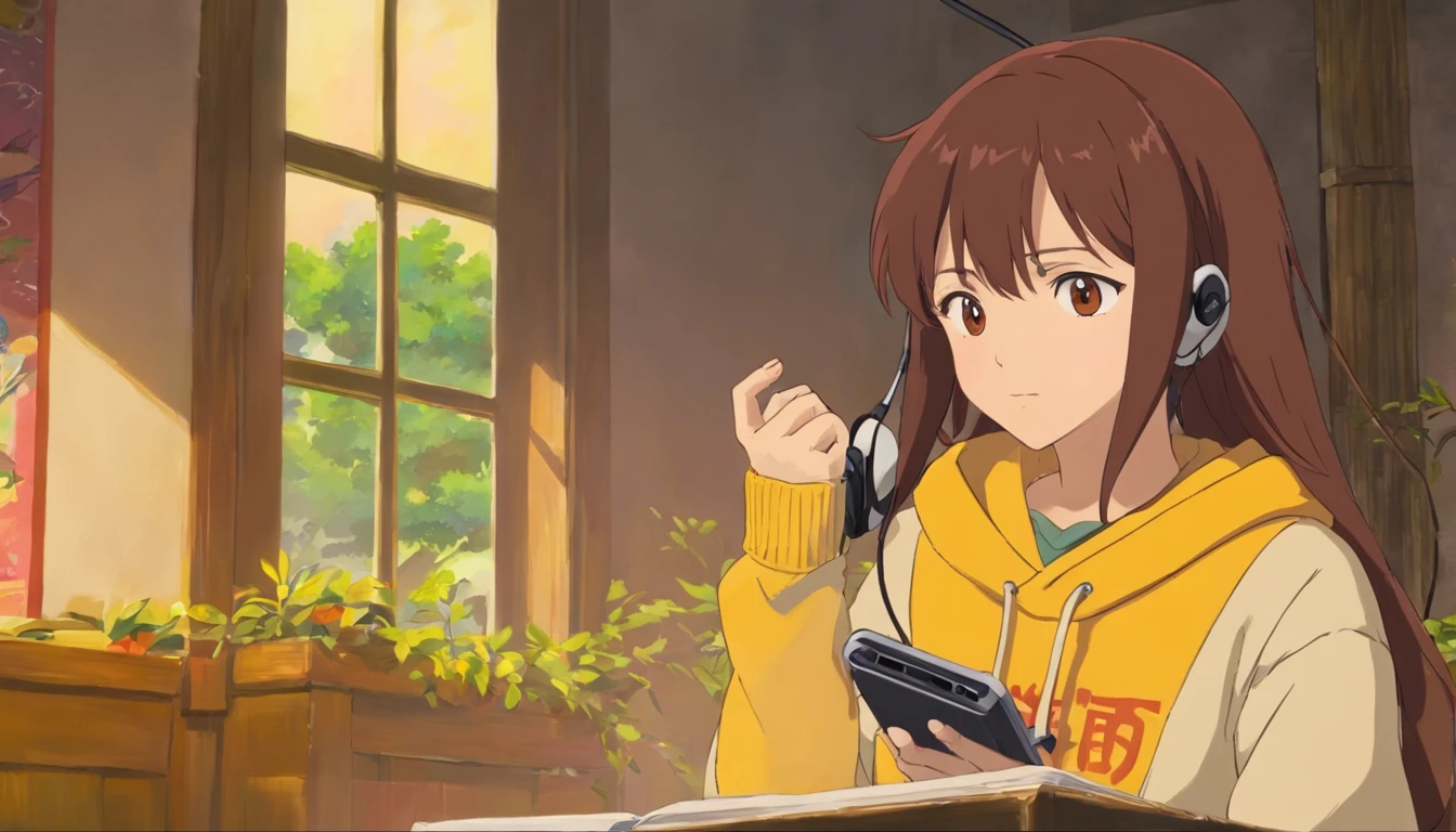 Wearing headphones An art style to be admired A delicate and beautiful style reminiscent of Ghibli anime Vibrant and attractive colors Screenshot-like imagery reminiscent of anime films A work of art to be admired Dark hair and brown eyes Holding a smartphone Wearing a hoodie Sitting in a chair by a window Profile view