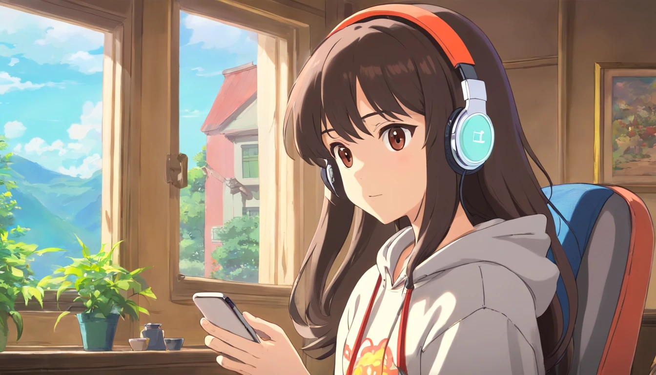 Wearing headphones An art style to be admired A delicate and beautiful style reminiscent of Ghibli anime Vibrant and attractive colors Screenshot-like imagery reminiscent of anime films A work of art to be admired Dark hair and brown eyes Holding a smartphone Wearing a hoodie Sitting in a chair by a window Profile view