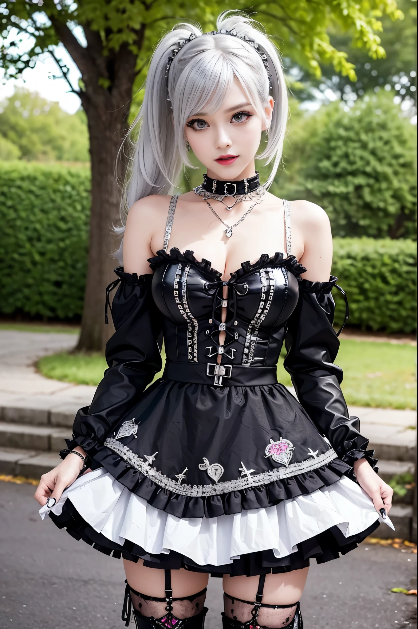 sexy stylish Swedish model, only 1 female, ((doll-like appearance)), long multicolor stylish hair, ((shiny Punk-Style boots)), (big smile), ultra detailed eyes, detailed makeup, lipgloss, ((sexy Punk Lolita cosplay)), unconventional skirt, petticoats, high neckline, ((ultra detailed lace)), ((ultra detailed embroidery)), intricate details, tartan patterns, (silver chains), (silver spikes), (safety pins), Punk Lolita accessoires, Punk Lolita choker, ((large sparkling Punk Lolita jewelry)), cinematic light, detailed large park background with trees