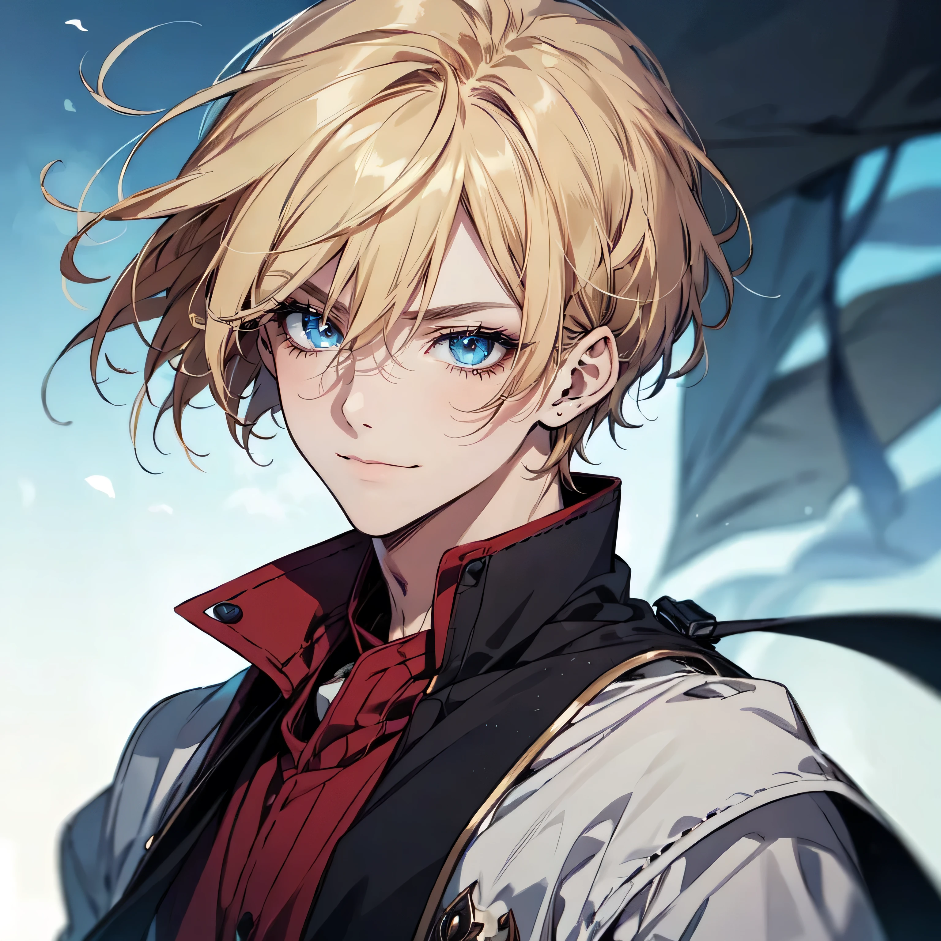 Anime character of a best quality, 4k, handsome boy, teenager, bright blonde hair, short hair, side part hairstyle, ultra detailed beautiful eyes, blue eyes, gentle expression, gentle smile, magic, wind magic, tidy hair, full upper body appeareance.