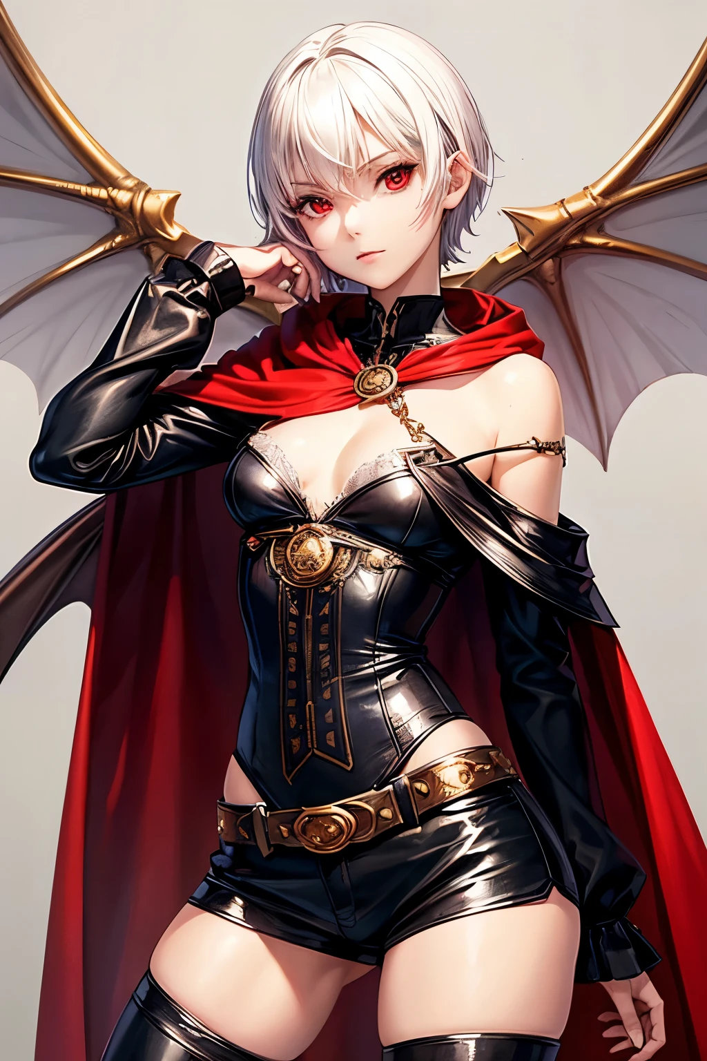 highest quality,CG,Fairy,Anime Art,beautiful girl,Flat Chest,Alluring,White Short Hair,Red eyes,slender,whole body,Super tight off-shoulder,Cape,steampunk,Demon King,vampire,Black long boots, (Lewd Armor), (High leg）,Black shorts,
