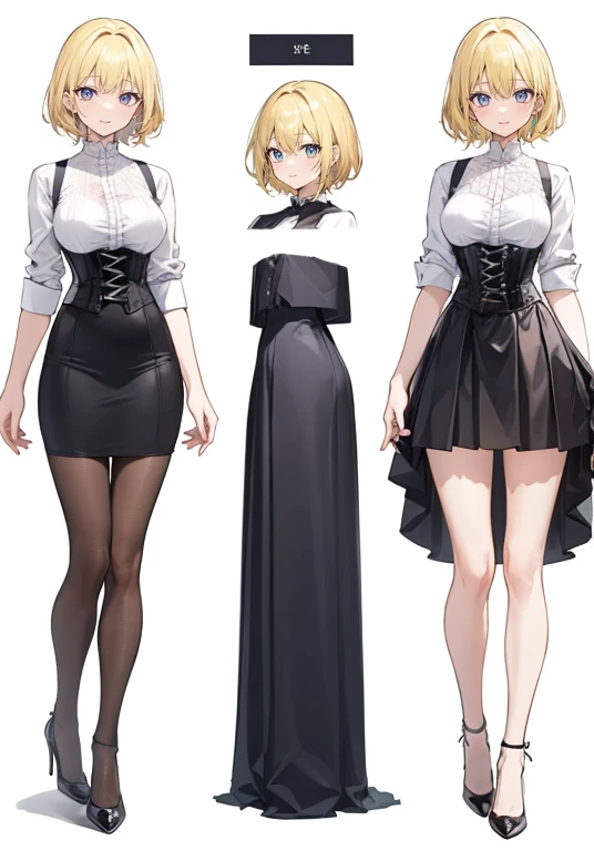 Golden Hair,very short hair,Adult female,((Rolling up your sleeves shirt)),(Corset),(Tight skirt),(high heels),((Simple White background)),Smile,((Full body)),((whole body)),Character Sheet,Standing straight and facing forward