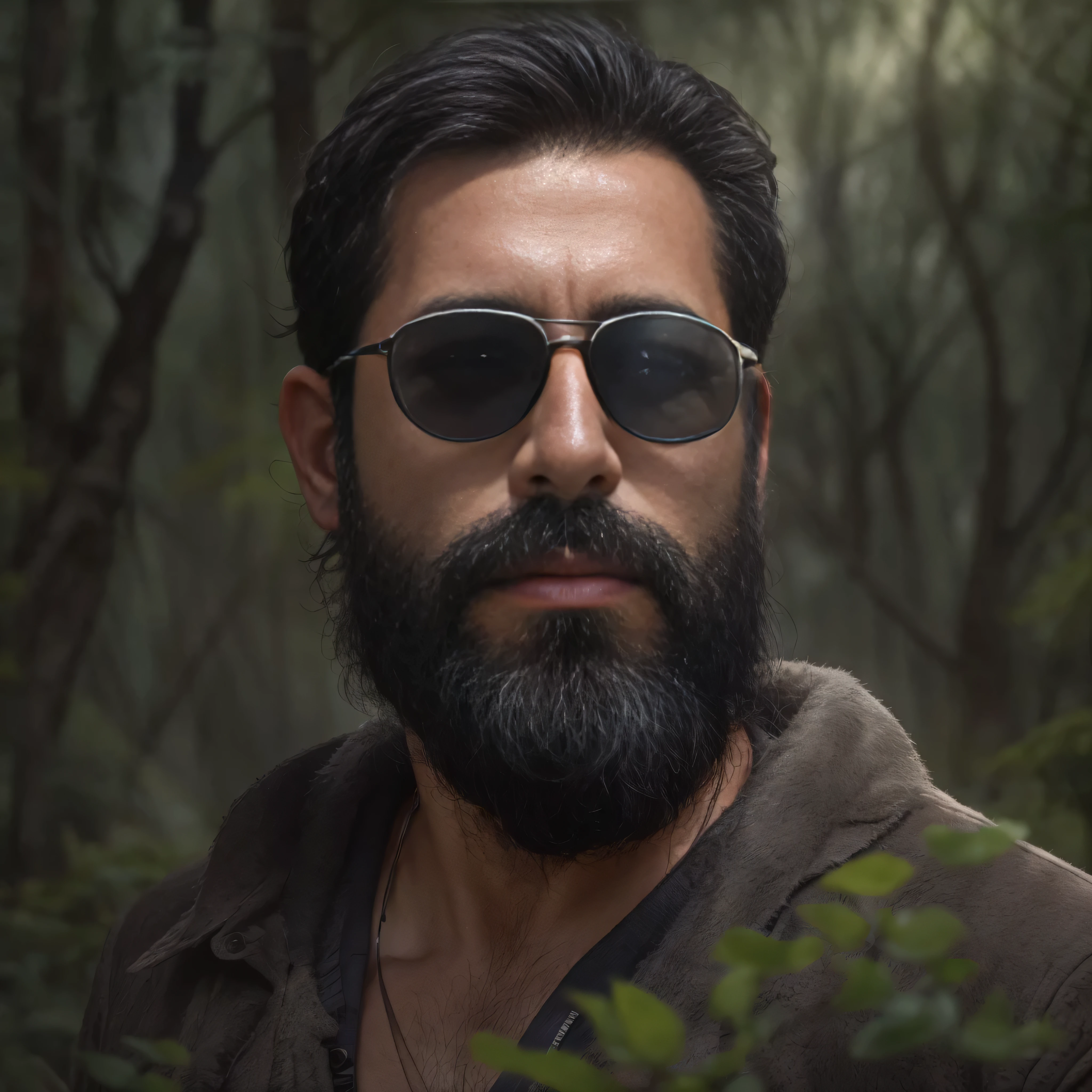 Create an ultra-detailed image of a 38-year-old man with a beard and sunglasses as the protagonist of a movie. La escena se desarrolla en un bosque encantado al anochecer. El hombre viste una chaqueta de cuero negra y una camiseta gris., with an expression of amazement and determination. La toma es de plano medio, focusing on the upper body. Around him, alto, The leafy trees are covered with moss and vines., and small bright firefly lights illuminate the environment. En el fondo, You can see ancient ruins covered in vegetation and a soft fog that gives it a mystical air.... The atmosphere is magical and mysterious., con tonos azulados y verdes que crean un contraste fascinante de luces y sombras en el entorno del bosque encantado.