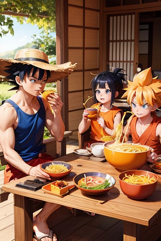 naruto kurama mode, goku ultra instinct blue, luffy nika with yellow straw hat eating ramen together and the 3 of them happy