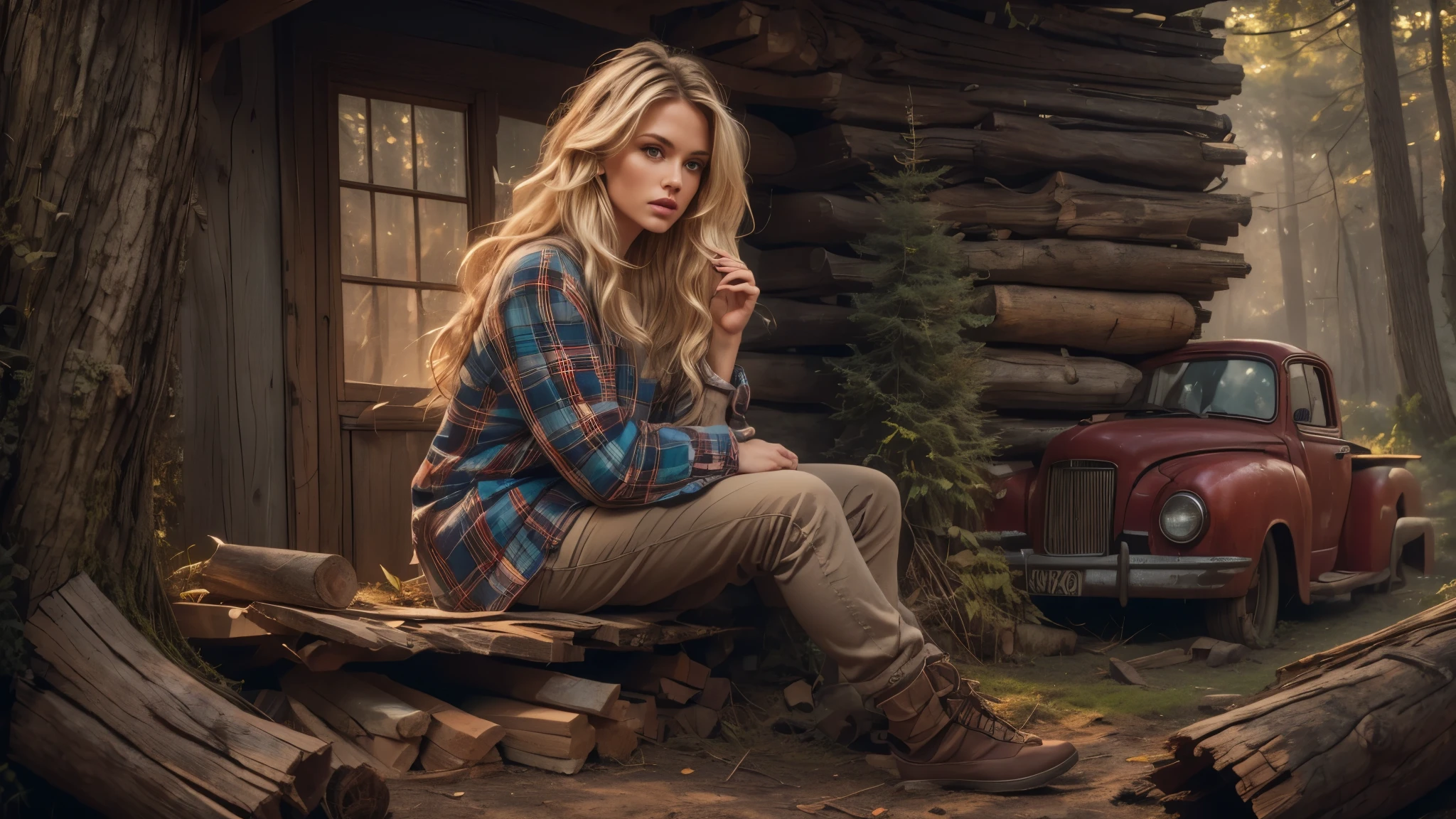 cabin in the woods, front porch, wood pile, rusty truck on cinderblocks, woodburning stove, dense trees, dark woods, large oak trees, moss, (Beautiful woman, plaid long-sleeved flannel shirt, long wavy blonde hair, detailed hands, detailed eyes), 