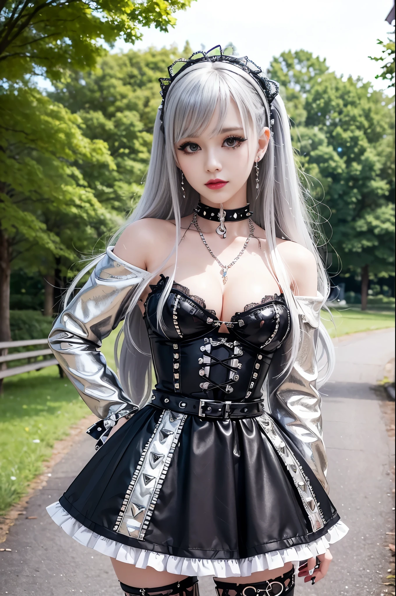 sexy stylish Swedish model, only 1 female, ((doll-like appearance)), long multicolor stylish hair, ((shiny Punk-Style boots)), (big smile), ultra detailed eyes, detailed makeup, lipgloss, ((sexy Punk ta cosplay)), unconventional skirt, petticoats, high neckline, ((ultra detailed lace)), ((ultra detailed embroidery)), intricate details, tartan patterns, ((silver chains)), ((silver spikes)), (safety pins), Punk Loliccessoires, Punk Lolita cr, ((large sparkling Punk Lolita jewel, cinematic light, detailed large park background with trees 