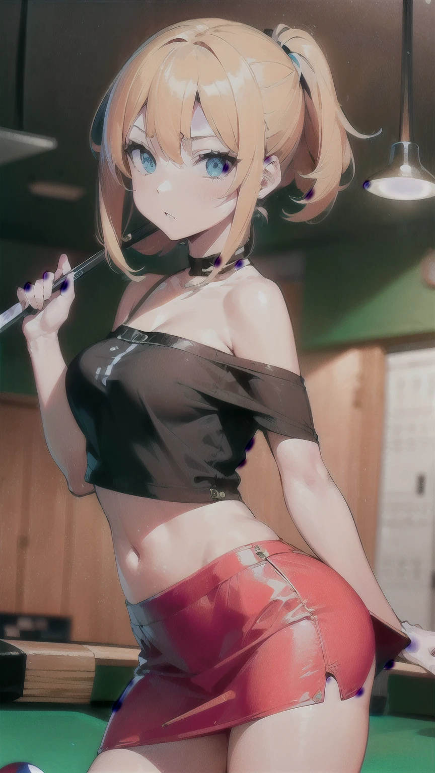 ((A female hustler with a winning streak who holds the cue in an open stance at billiards)) A break shot in billiards, a powerful shot description, cool, from the front, medium hair, blue eyes, overwhelming descriptive expression, brown Off-shoulder knit, red pleated miniskirt,