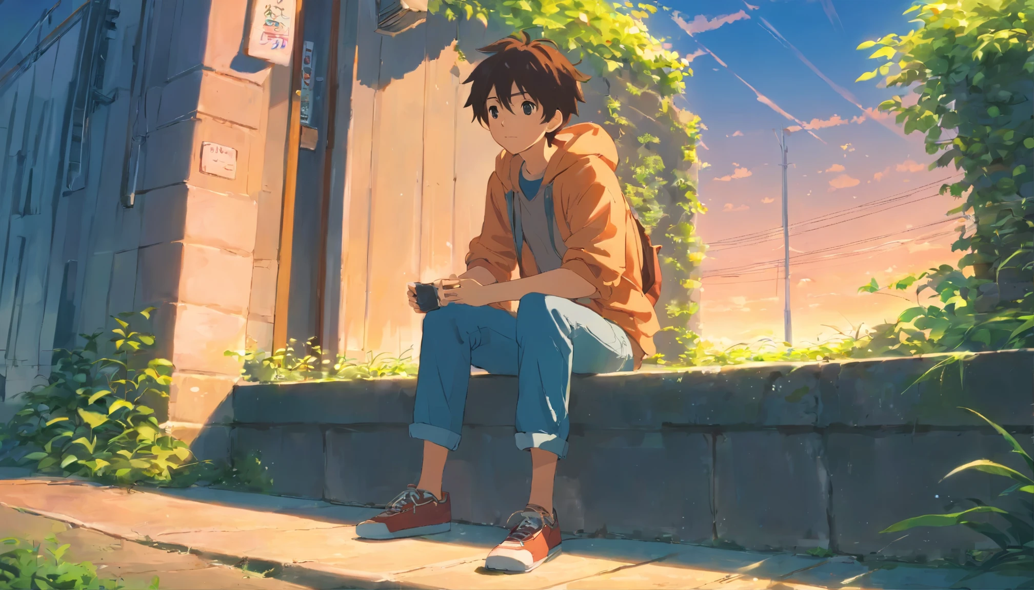 anime boy sitting on the wall，a dog, commend, Praise Artstyle, Lofi Art, commend feel, commend vibes, Xin Haicheng Cyril Rolando, commend aesthetics, ( ( Xin Haicheng ) ), Xin Haicheng's style, commend-girl, commend hip hop, Xin Haicheng!Perfect details