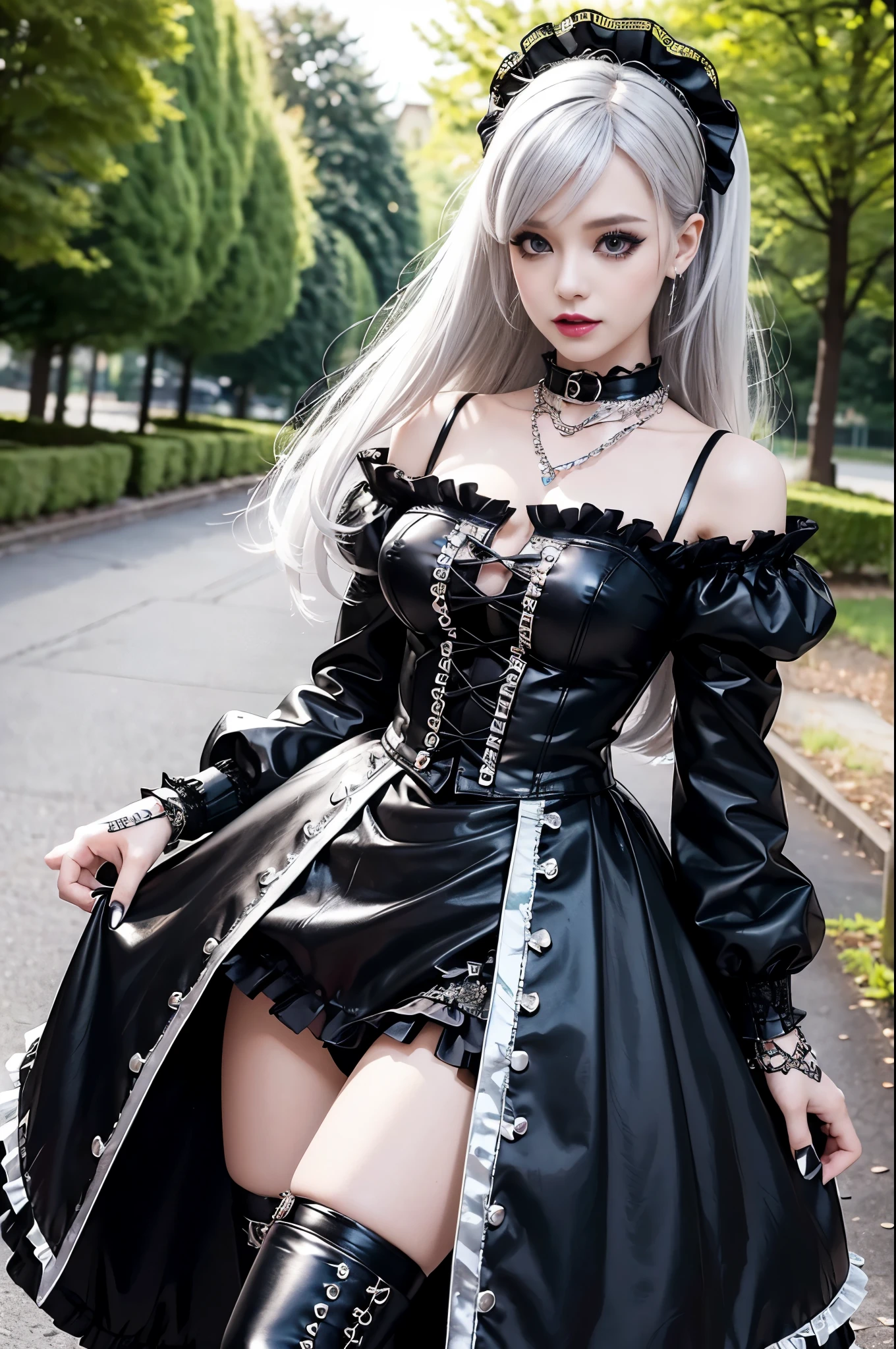 sexy stylish female model, only 1 female, ((doll-like appearance)), long dramatic stylish hair, ((shiny Punk-Style boots)), (big smile), ultra detailed eyes, Punk makeup, lipgloss, ((sexy Punk Lolita cosplay)), unconventional skirt, petticoats, high neckline, ((ultra detailed lace)), ((ultra detailed embroidery)), intricate details, tartan patterns, silver chains, silver spikes, safety pins, Punk Lolita accessoires, Punk Lolita choker, ((large sparkling Punk Lolita jewelry)), cinematic light, detailed large park background with trees