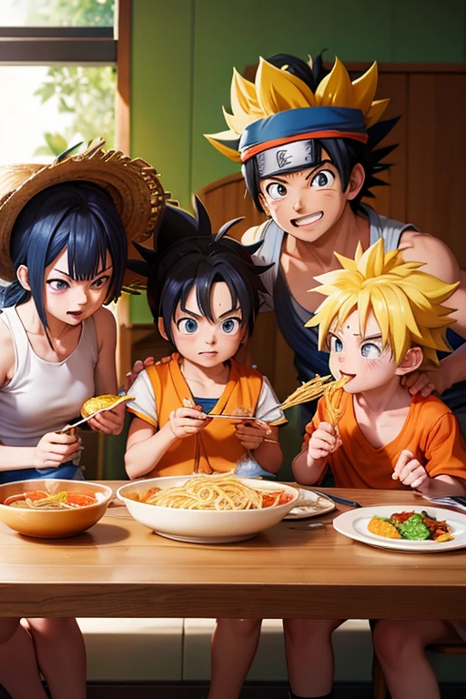 naruto, goku ultra instinct blue, luffy nika with yellow straw hat eating ramen together and the 3 of them happy
