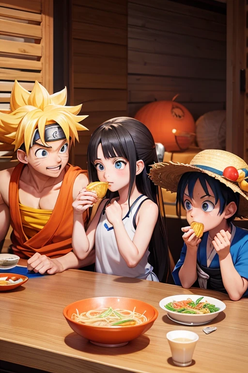 naruto, goku ultra instinct blue, luffy nika with yellow straw hat eating ramen together and the 3 of them happy