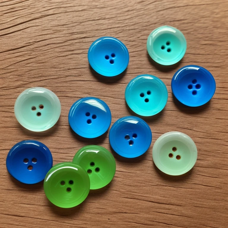 a translucent epoxy resin button, resin button with smooth polished surface, resin button with four evenly spaced round eyelets near the center, bright blue hue with subtle swirl pattern made of resin buttons
