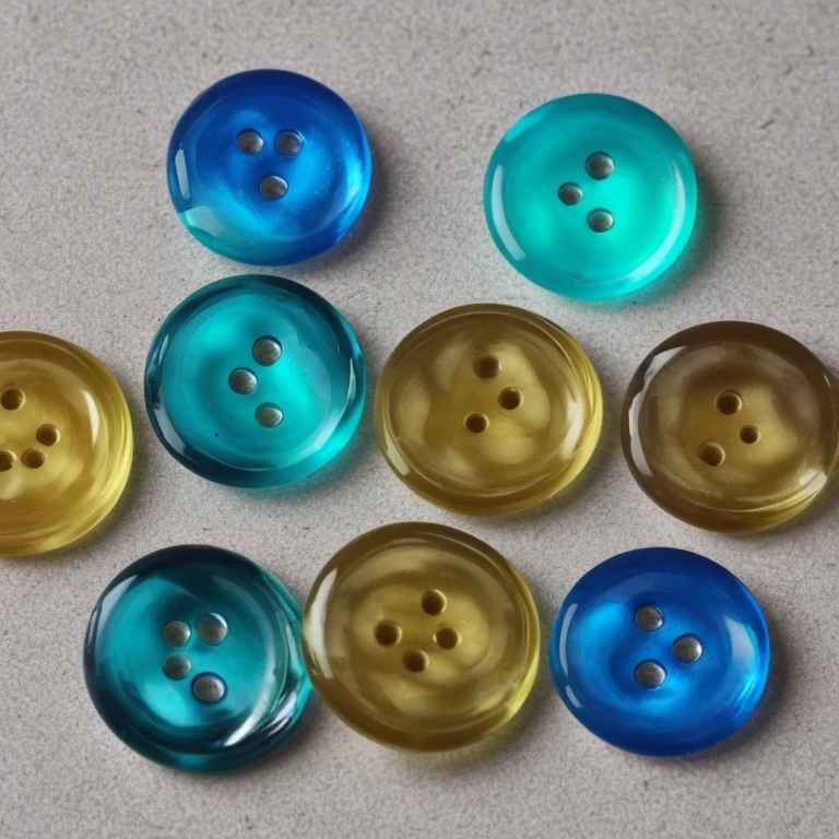a translucent epoxy resin button, resin button with smooth polished surface, resin button with four evenly spaced round eyelets near the center, bright blue hue with subtle swirl pattern made of resin buttons