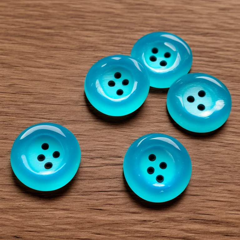 a translucent epoxy resin button, resin button with smooth polished surface, resin button with four evenly spaced round eyelets near the center, bright blue hue with subtle swirl pattern made of resin buttons