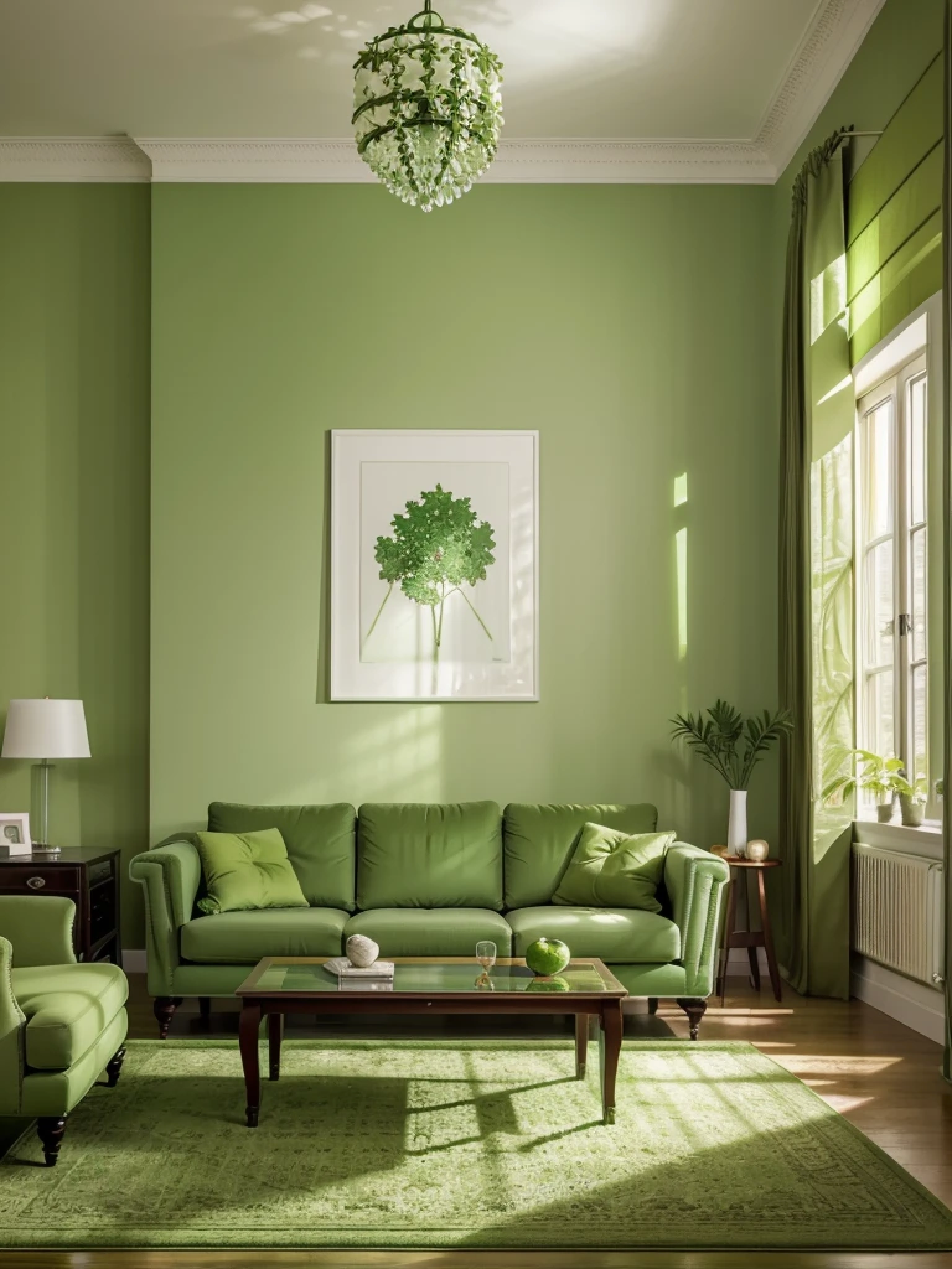 arafed living room with green furniture and a green rug, green theme, green color scheme, an elegant green, green and warm theme, monochromatic green, living room interior design, green colored theme, interior living room, popular interior design style, interior design living room, interior decoration, green hue, living room interior, chartreuse color scheme, home interior