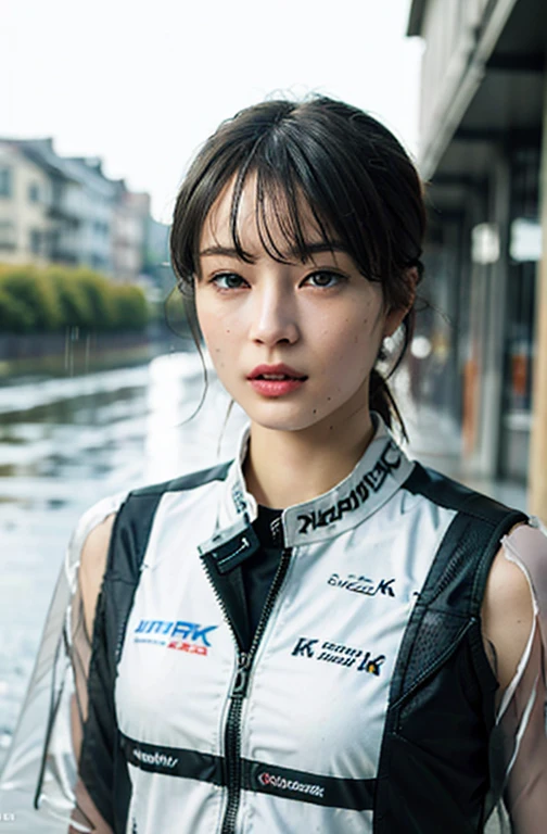 ((highest quality, 8k, masterpiece: 1.3)), sharp: 1.2, Perfect body beauty: 1.4, Slim Abs: 1.2, (((Layered Hairstyles, big)), Racing Suits, (rain, street: 1.2), Wet: 1.5, Highly detailed face and skin texture, Fine grain, double eyelid, looking at the camera