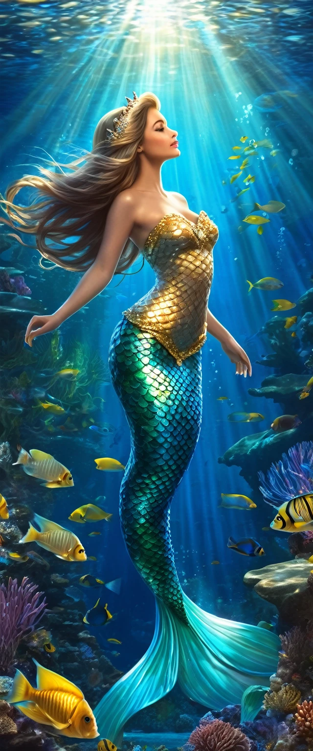 a beautiful mermaid princess, long flowing hair, detailed face features, luminous scales, underwater scene, coral reef, schools of tropical fish, shafts of sunlight, golden crown, flowing gown, serene expression, photorealistic, highly detailed, intricate, cinematic lighting, vivid colors, fantasy art