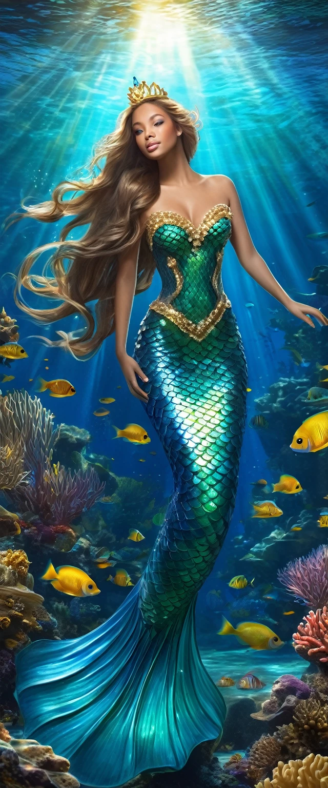a beautiful mermaid princess, long flowing hair, detailed face features, luminous scales, underwater scene, coral reef, schools of tropical fish, shafts of sunlight, golden crown, flowing gown, serene expression, photorealistic, highly detailed, intricate, cinematic lighting, vivid colors, fantasy art