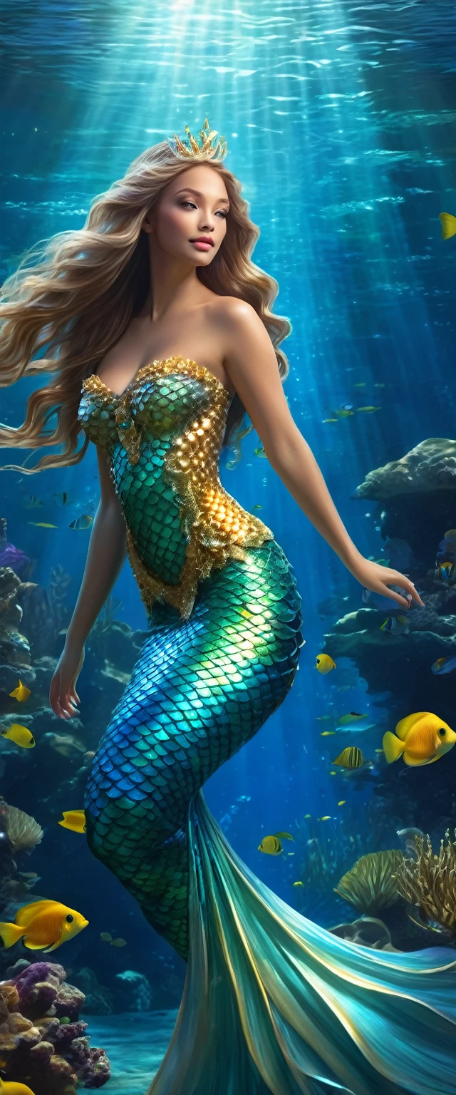 a beautiful mermaid princess, long flowing hair, detailed face features, luminous scales, underwater scene, coral reef, schools of tropical fish, shafts of sunlight, golden crown, flowing gown, serene expression, photorealistic, highly detailed, intricate, cinematic lighting, vivid colors, fantasy art