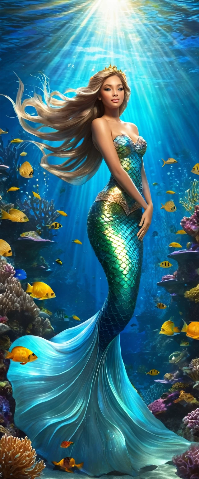 a beautiful mermaid princess, long flowing hair, detailed face features, luminous scales, underwater scene, coral reef, schools of tropical fish, shafts of sunlight, golden crown, flowing gown, serene expression, photorealistic, highly detailed, intricate, cinematic lighting, vivid colors, fantasy art