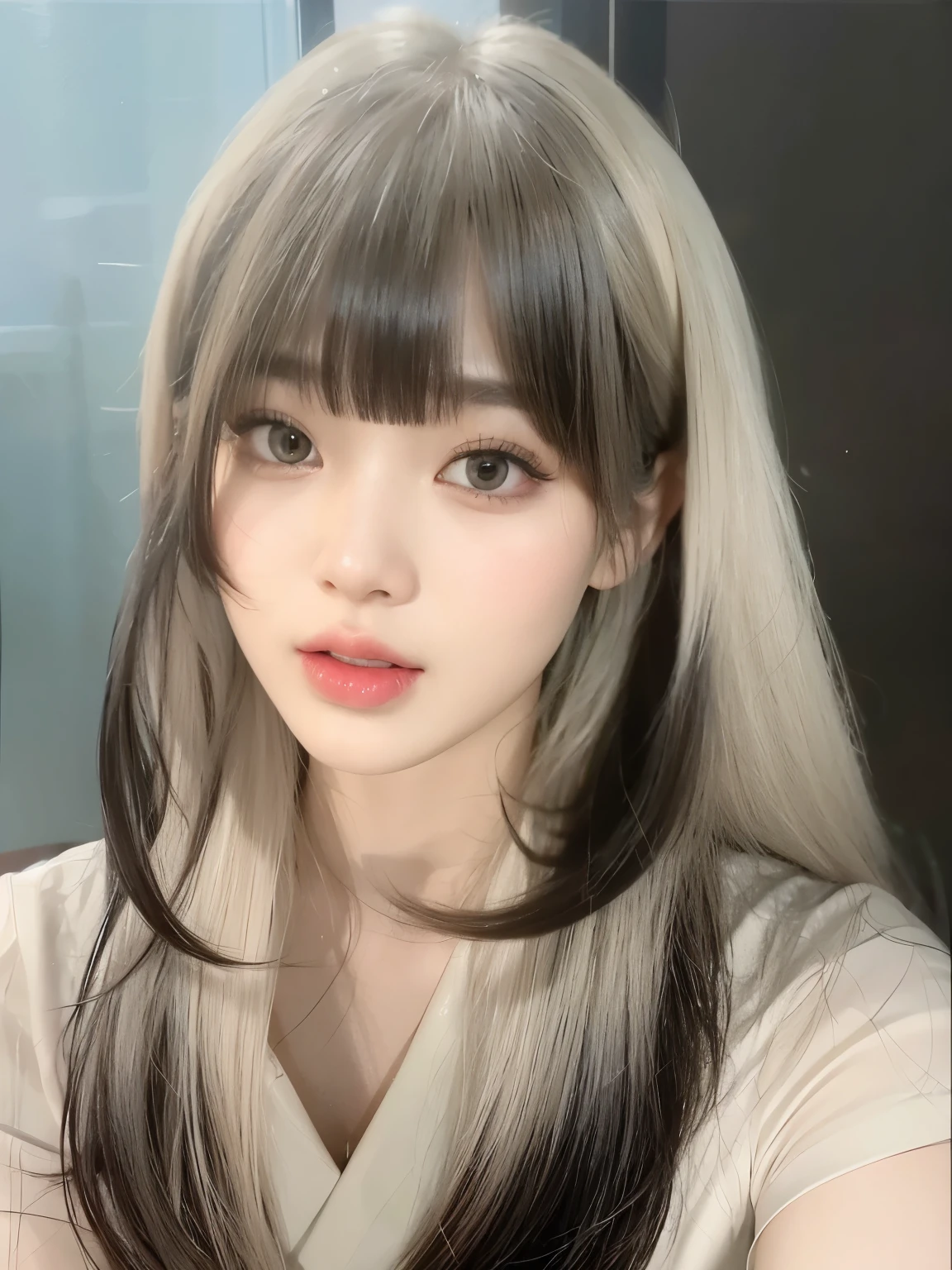 masterpiece, best quality, A girl faces the camera，Gradient hair，Beige to black hair，Flowing long hair，Long straight hair，Bangs，Beautiful girl with bangs in black and white gradient，a girl，Exquisite facial features，