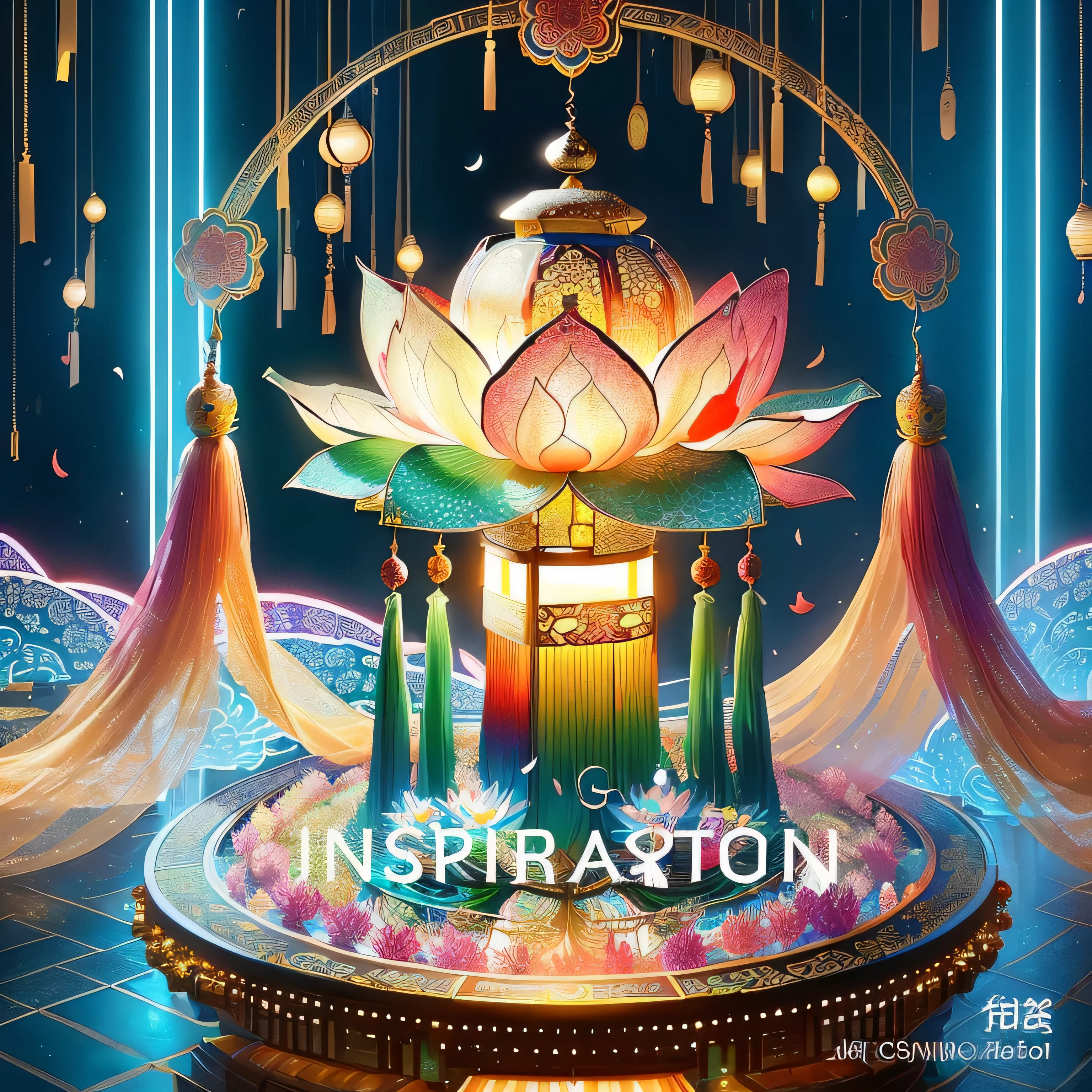 Large lotus lantern with colorful background and lights inspired by Lu Guang, Inspired by Gong Xian, Inspired by Roma, inspired by Gao Xiang, epic lighting, Inspired by Gao Kegong, 