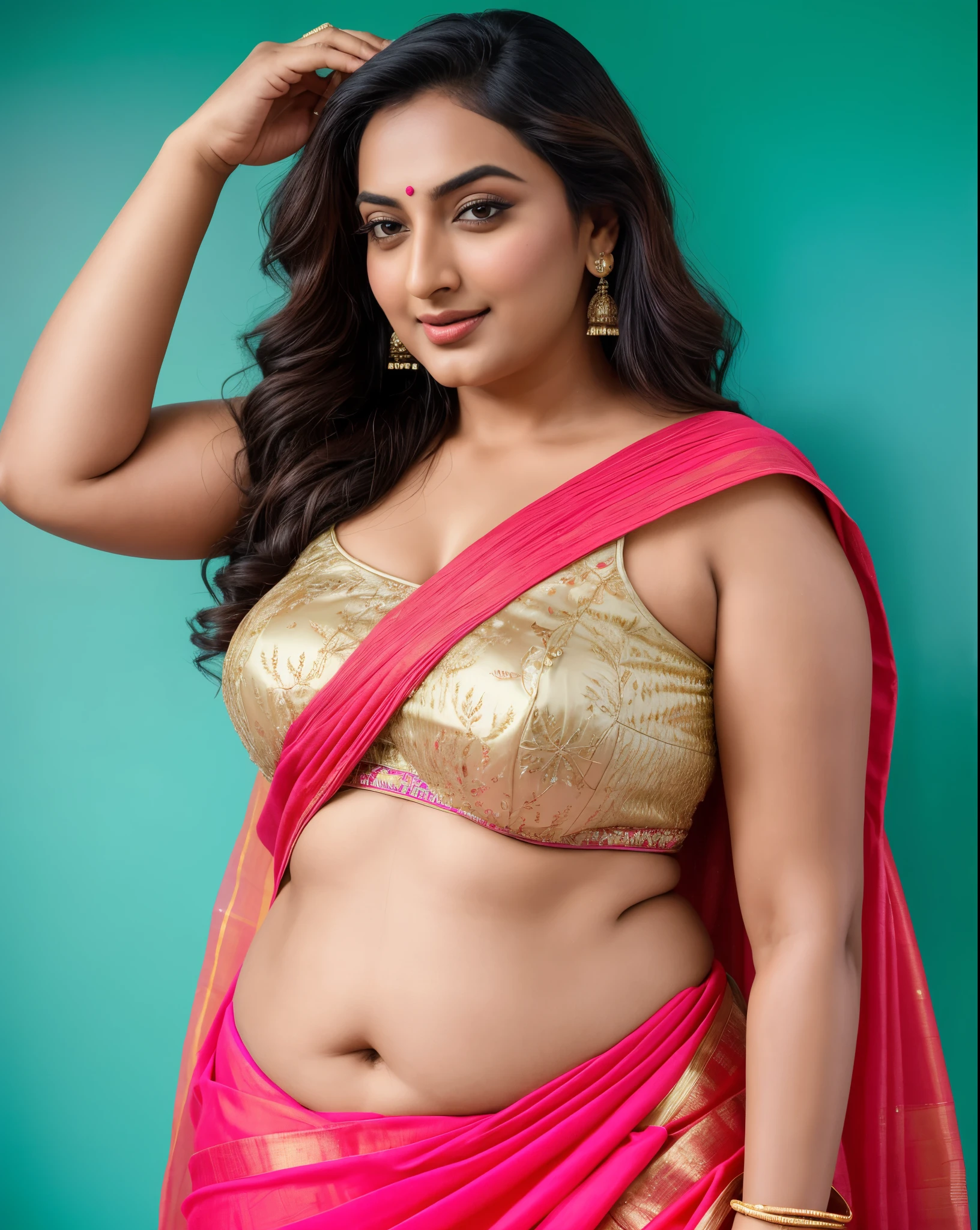 Foto RAW, photorealistic, photography, full body shot, master shot, perfect eyes, goddess like beauty, pierced eyes, perfect thick chubby mallu Desi aunty bhabhi, Wearing a Stanapatta, a chest-band.Saree model, model Photography, Indian saree shoot, Indian traditional wear advertising photography, traditional wear brand shoot, face of Indian actress Sonakshi Sinha, masterpiece, realistic, realism, incredible details,  pleasure, photorealism, detailed skin, skin pores, high contrast, photorealistic Artstation 8k HD digital art trend of high definition and detailed realistic skin texture, ultra detail, realistic skin texture, armature, best quality, ultra high definition, (photorealistic:1.4),, high resolution, detail, raw photo, sweat, Re sharp, by Lee Jefferies Nikon D850 Film Stock Photo 4 Kodak Portra 400 Camera F1.6 Lens Rich Color Ultra Real Realistic Realistic Textures Dramatic Lighting Unreal Engine Trending at Art Station Cinestill 800,(pele altamente detalhada: 1.2), 8k UHD, DSLR, soft-lighting, alta qualidade, grain of film, Fujifilm XT3,she didn't like to wear blouse or bra, she is happy to wear only saree, she hates blouse or bra, detailed hairy armpits, hyper realistic skin, skin pores, sweat, veins, 