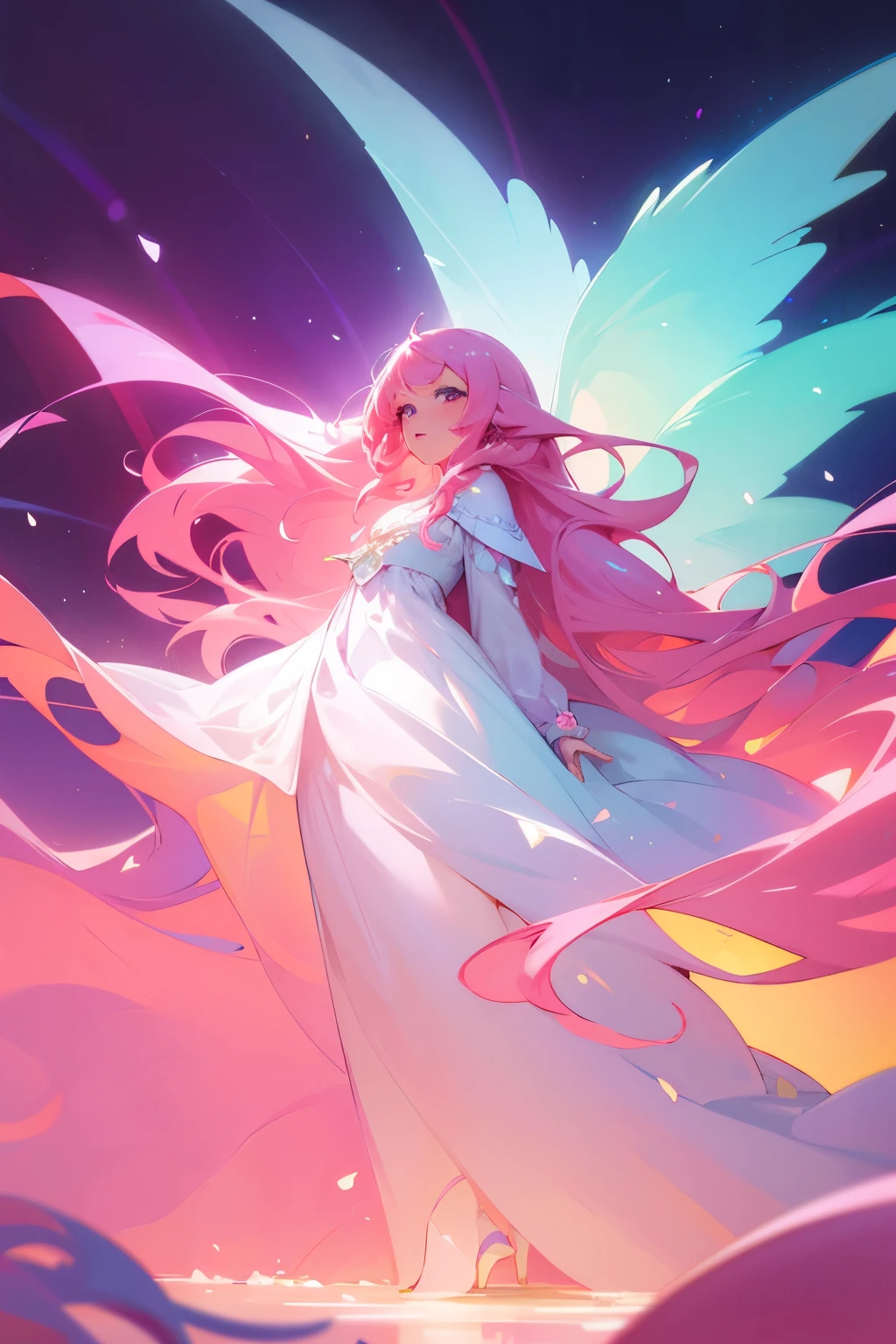 illustration, a beautiful girl with long flowy pink hair standing in a whimsical colorful dream, lime & light pink, surrounding with glowing lights, liquid gown, fantasy background, (best quality)